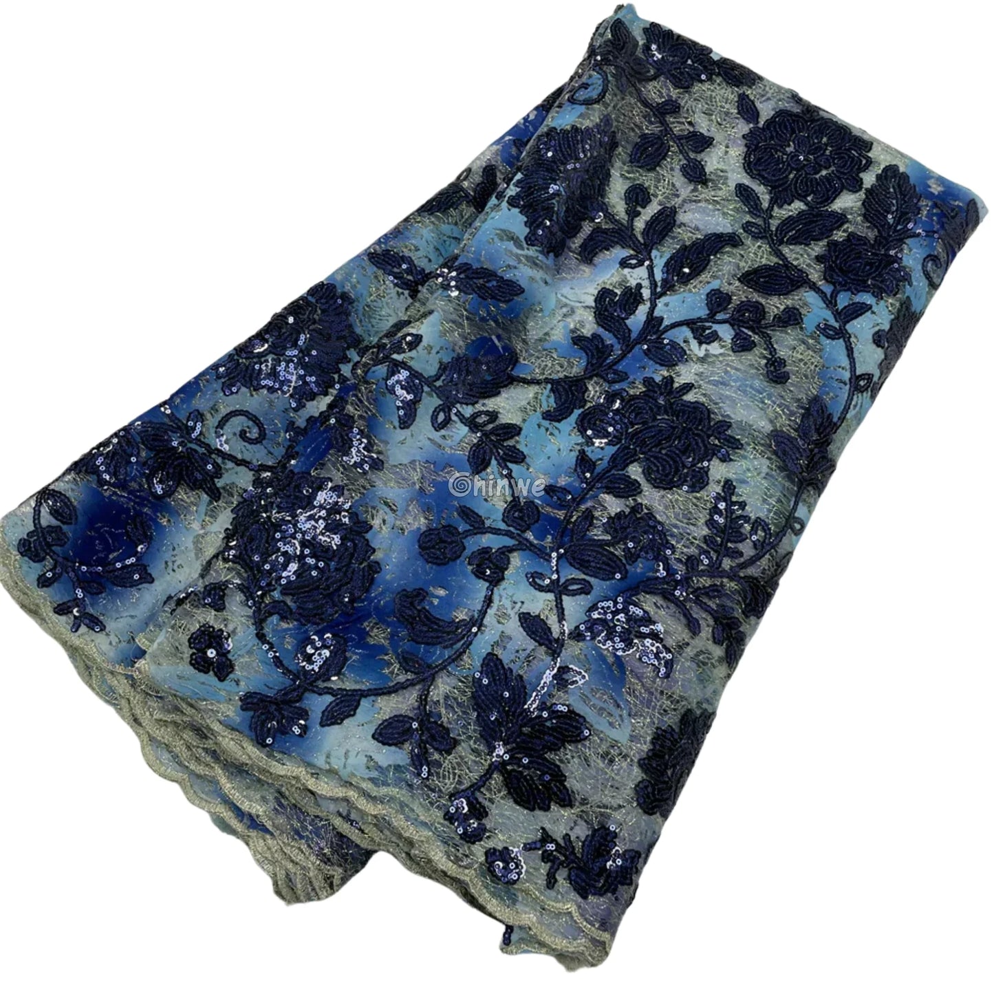 Sequined Floral Vine Embroidered Lace with Sheer Textured Base and Shimmer Finish Dark navy with deep blue sequins / 5