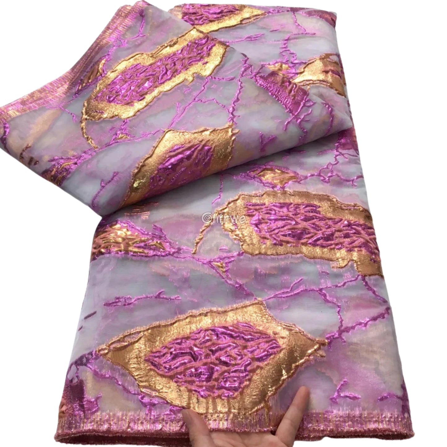 Jacquard Brocade Lace with Abstract Shard Motif and Lustrous Metallic Sheen for Couture Crafts Rosewater Prism Shard