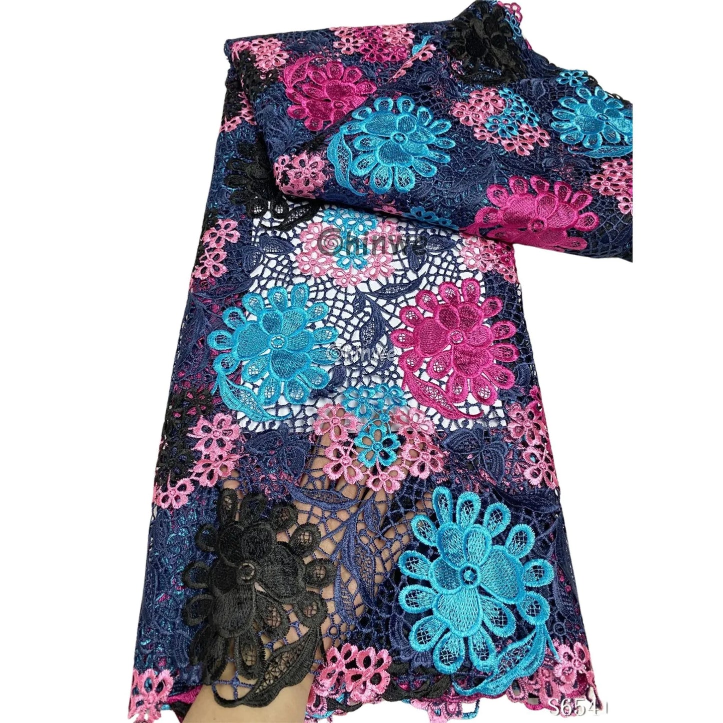 Multicolor Floral Embroidered Guipure Lace with 3D Bloom Overlay & Scalloped Edge Detailing, African Water Soluble Lace Fabric, Guipure Cord Lace Fabric