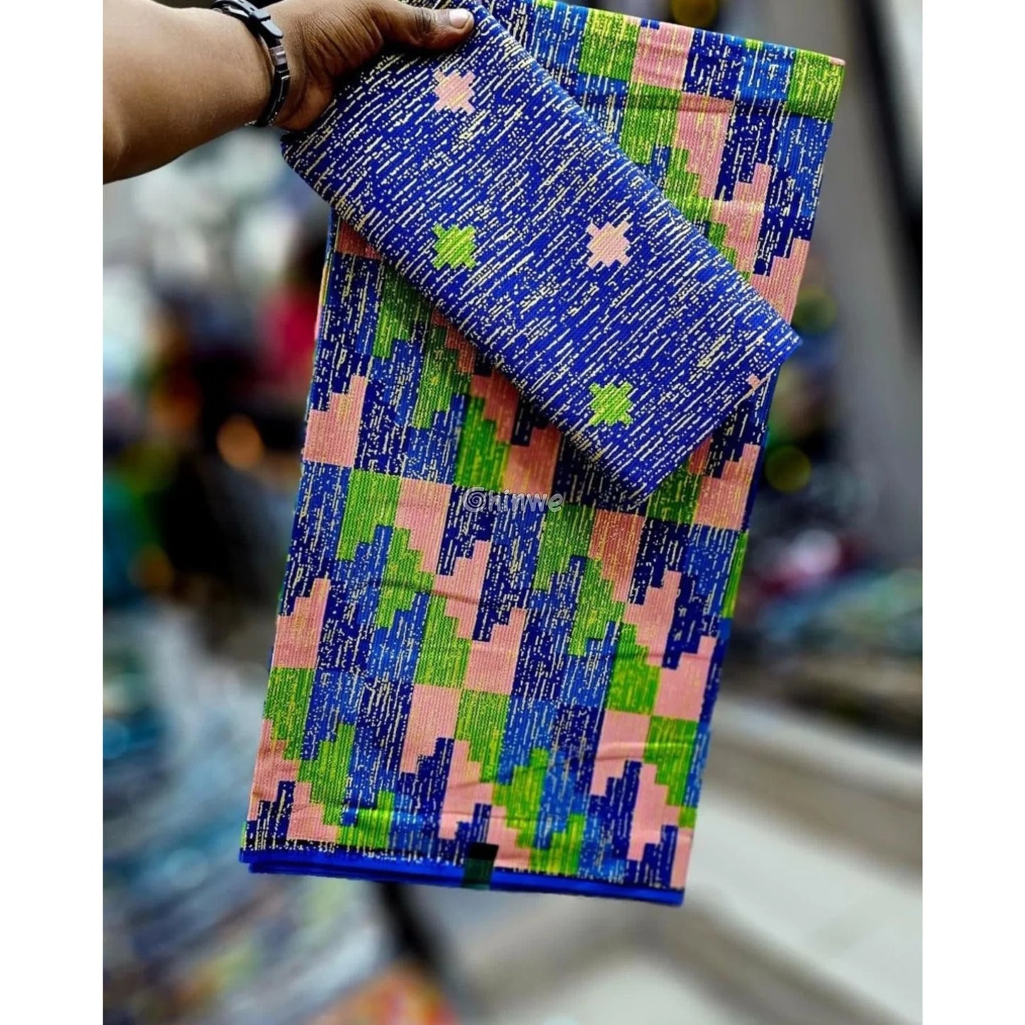 Blue Green & Pink Kente Brocade with Pixel Mosaic Triangles and Gold Metallic Accents Lagoon Mosaic Kente / 6yards