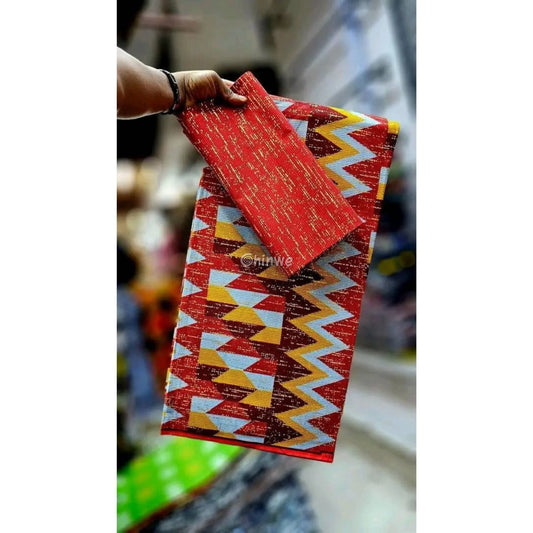 Red Yellow & Blue Kente Brocade with Lightning Chevron Motif and Gold Metallic Detailing Crimson Bolt Kente / 6yards