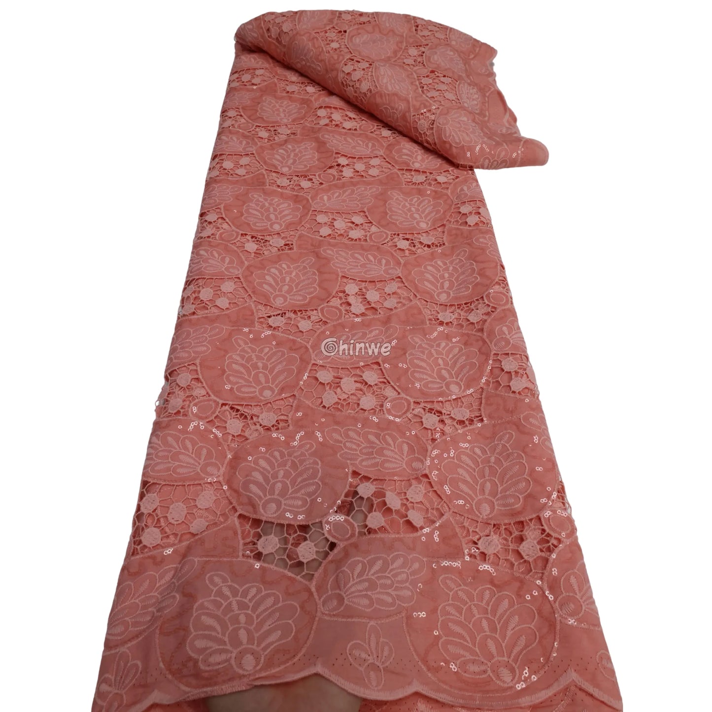 Sequin-Embellished Geometric Circle Appliqué Embroidered Lace with Scalloped Edge & Sheer Mesh Lace