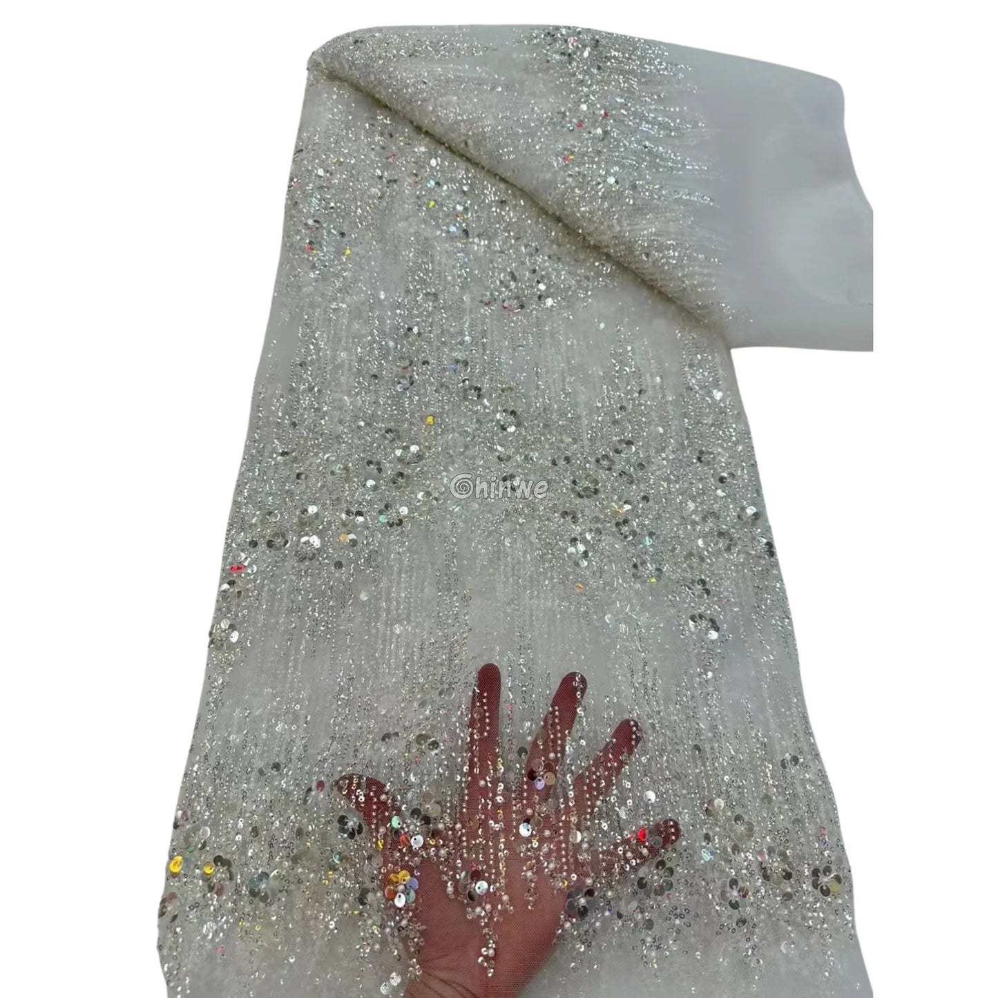 Sequin Beaded Tulle Mesh Fabric with Dripping Floral Shimmer & Textured Wave Pattern Crystal White Swirl Sequin / 5