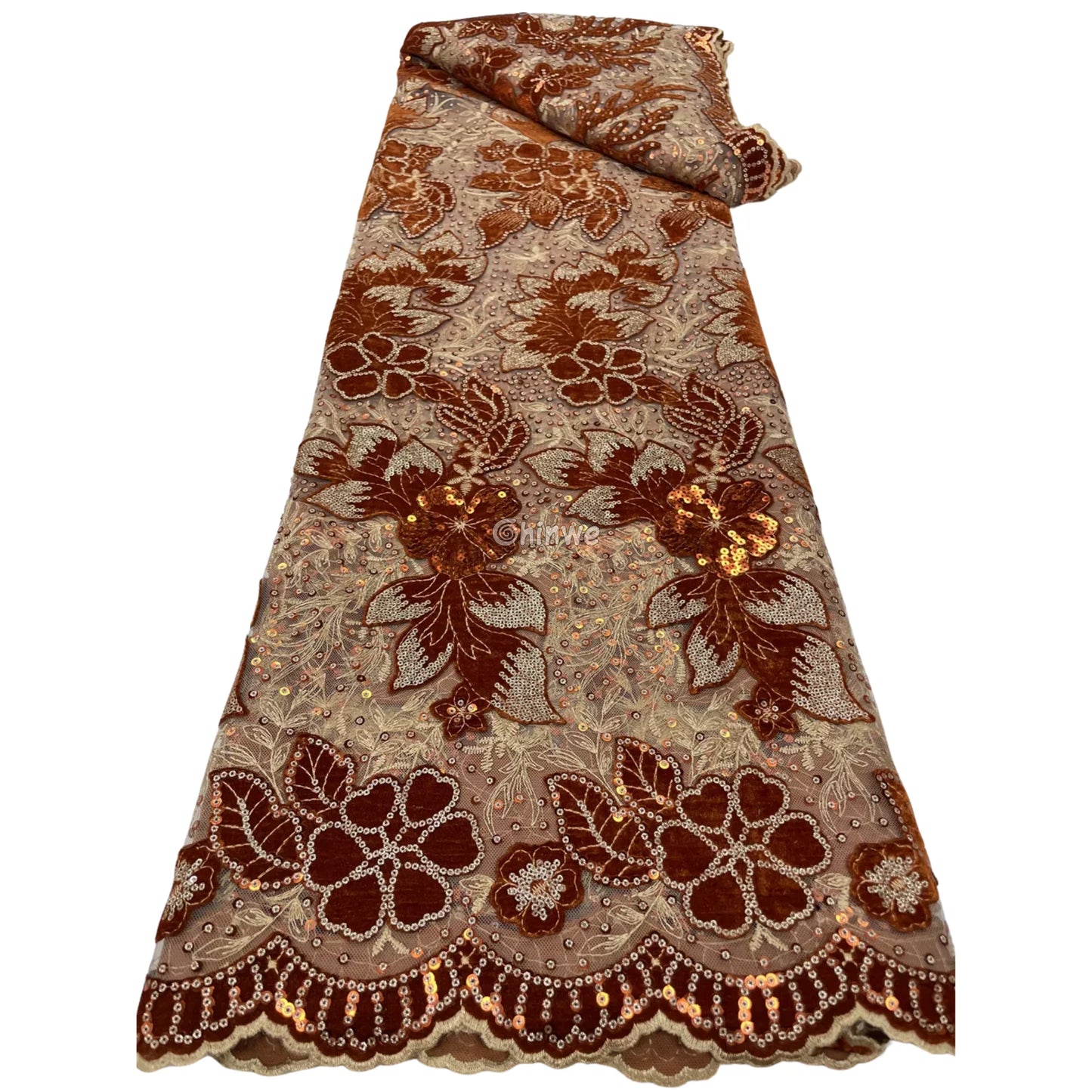 Champagne Mesh Floral Velvet Appliqué Sequined Lace Fabric with Scalloped Floral Edge Copper Rust & Champagne Velvet