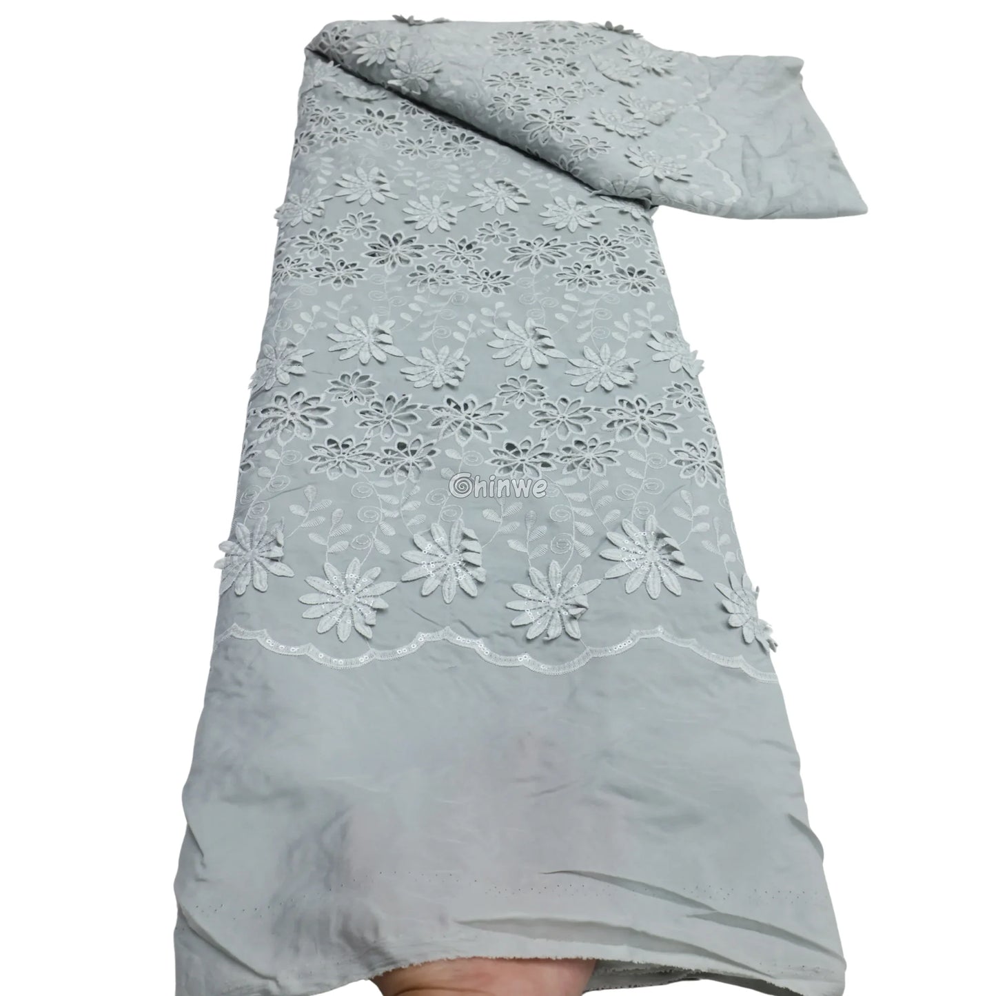 Three-Dimensional Floral Appliqué Embroidered Lace with Scalloped Edge & Sequin Accents Frosted Gray / 5 Yards / 120cm