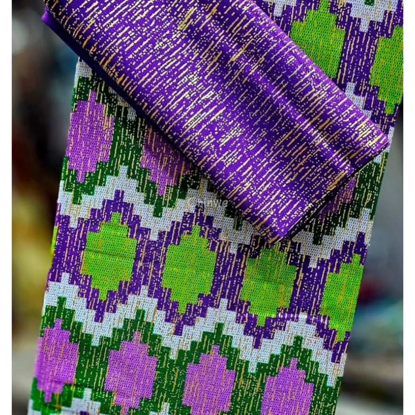 Purple Green & Lilac Kente Brocade with Diamond Lattice Motif and Metallic Gold Accents Regal Vine Kente / 6yards