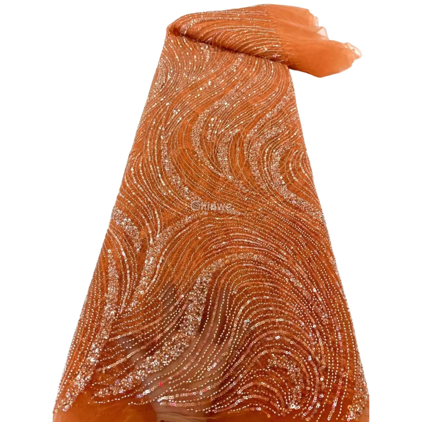 Sequined Swirl Embroidery on Sheer Mesh with Iridescent Highlights and Wave Pattern Detailing Burnt Orange / 5 Yards