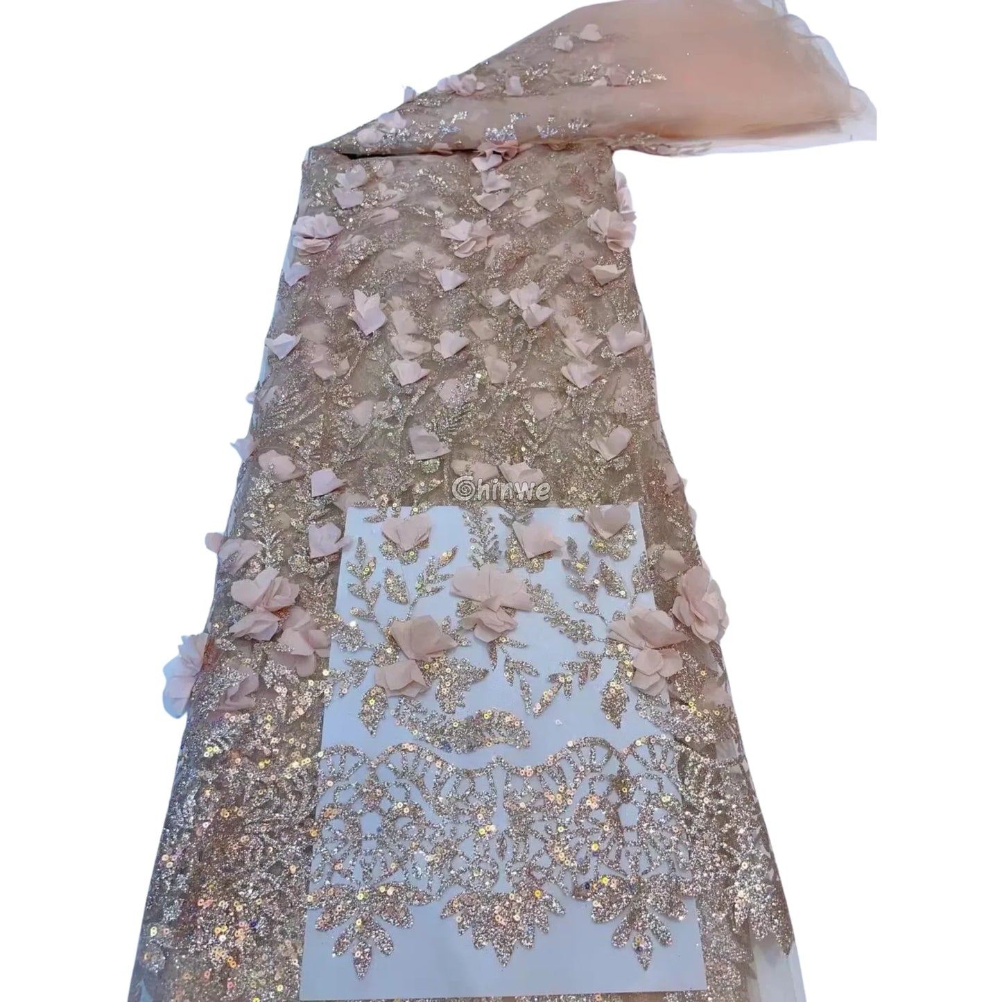 3D Appliqué Petal Lace with Sequined Vine Embroidery – Luxury Wedding & Party Fabric Blush Pétale Dream / 5yard Lace