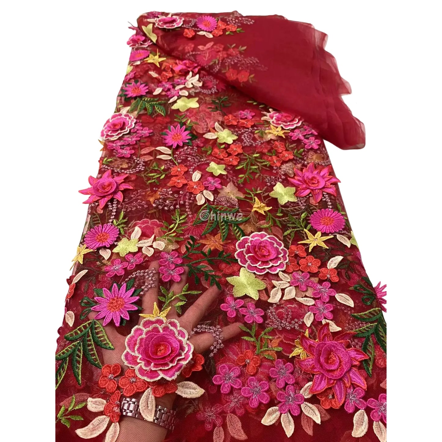 3D Floral Appliqué Lace on Sheer Mesh Raised Embroidered Flowers and Leaves Ruby Bloom Red / 5 yards Lace