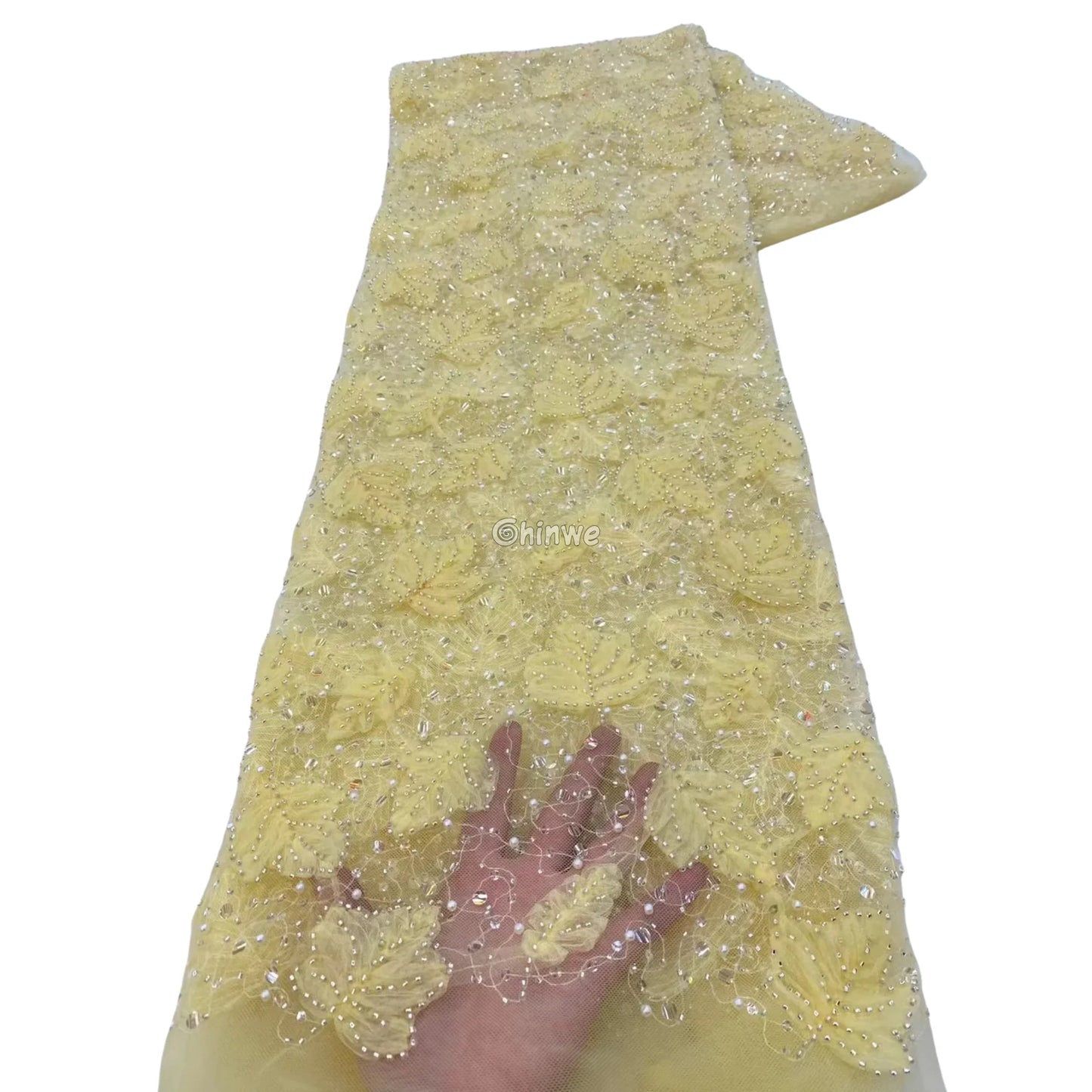 Beaded 3D Leaf Lace with Iridescent Accents on Soft Mesh for Luxury Garment Crafting Pale yellow with champagne shimmer