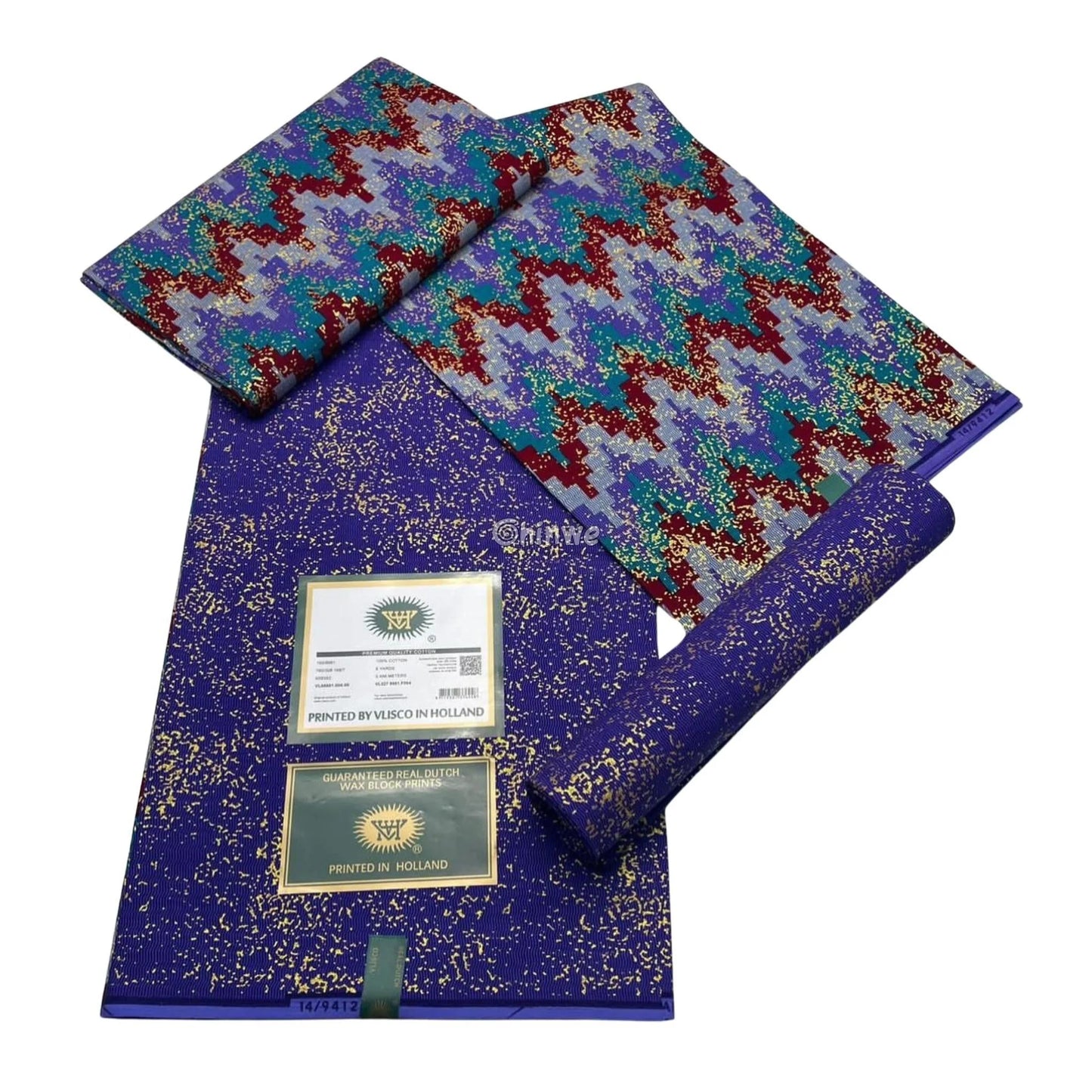 Blue, Teal & Burgundy Kente Brocade with Pixel Chevron Pattern and Gold Splatter Texture