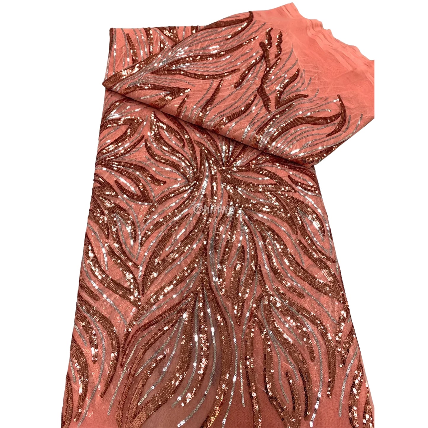 Sequin Embroidered Mesh Lace Fabric with Flowing Flame Motif and Sheer Illusion Base Coral Rose / 5yard Lace