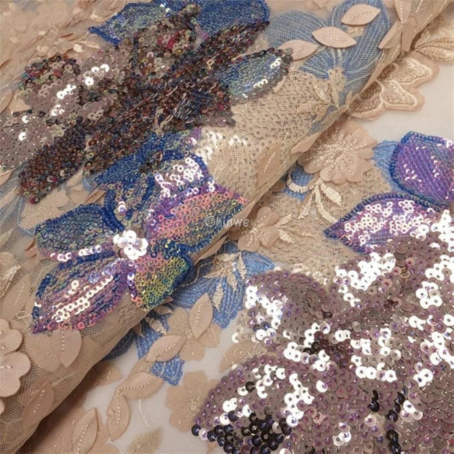 Embroidered 3D Sequin Lace Fabric with Floral Appliqué on Soft Tulle Mesh for Couture Sewing Projects Lace
