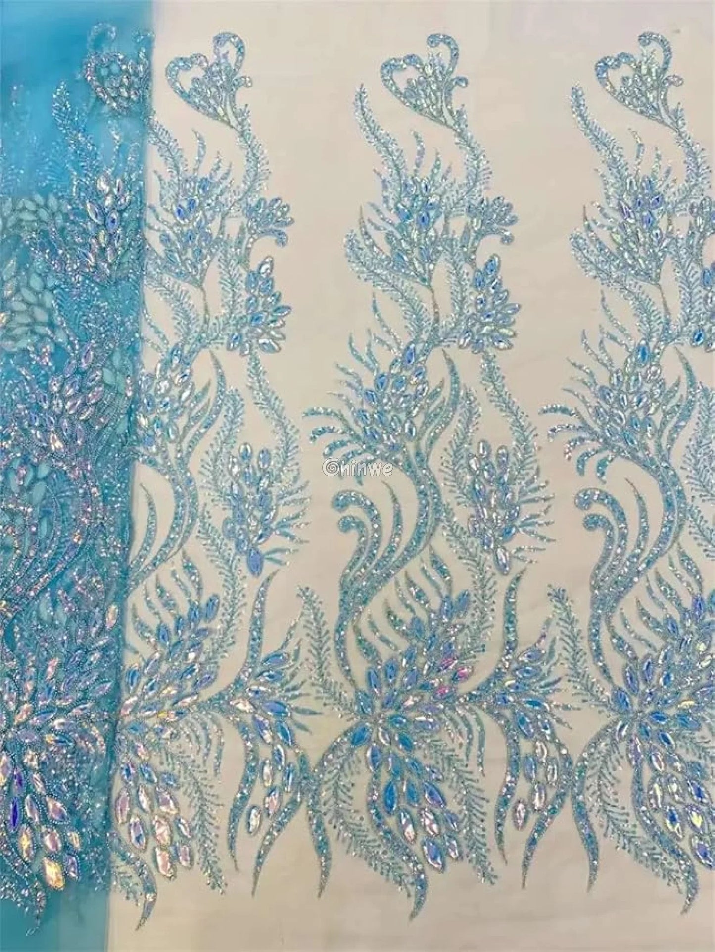 Beaded Scroll Motif Mesh Lace with Gemstone Appliqués & Sequin Embellishment Lace
