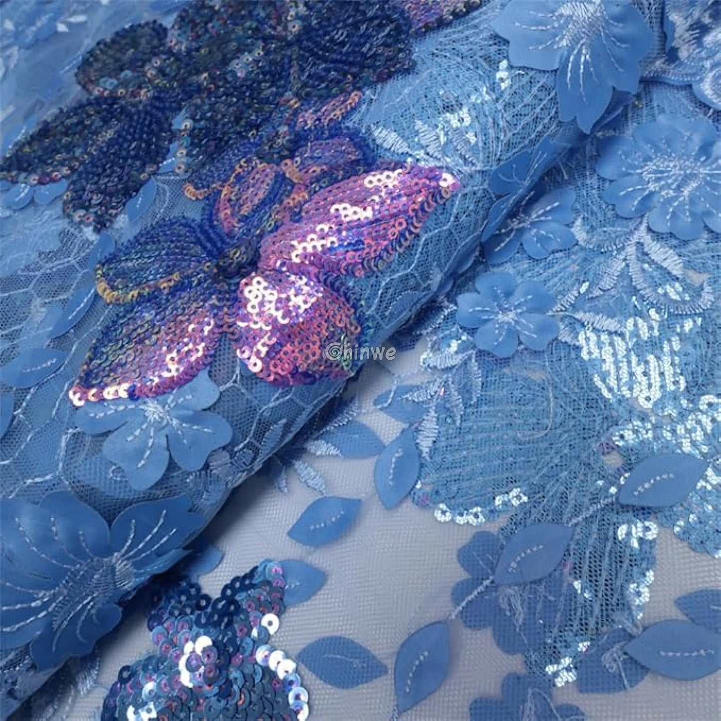 Embroidered 3D Sequin Lace Fabric with Floral Appliqué on Soft Tulle Mesh for Couture Sewing Projects Lace