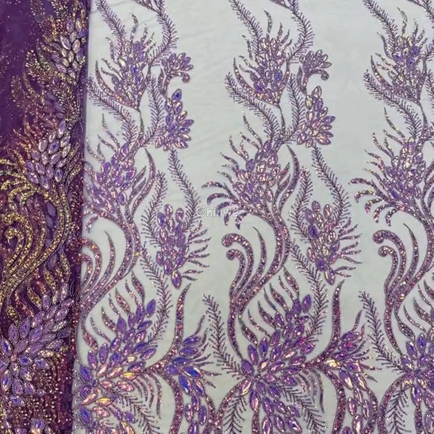 Beaded Scroll Motif Mesh Lace with Gemstone Appliqués & Sequin Embellishment Lace