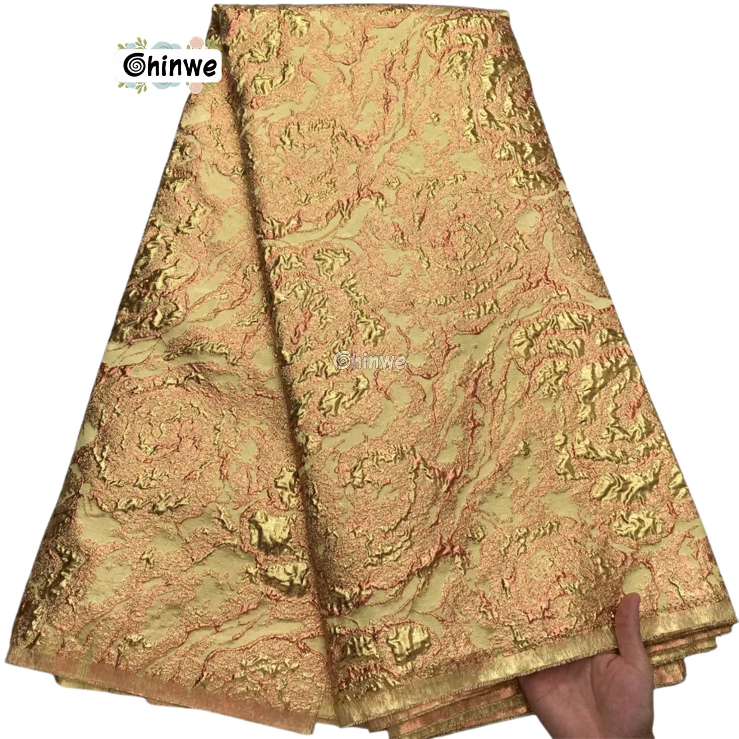 Textured Damask & Brocade Lace Fabric with Raised Floral Motif and Metallic Sheen Gradient