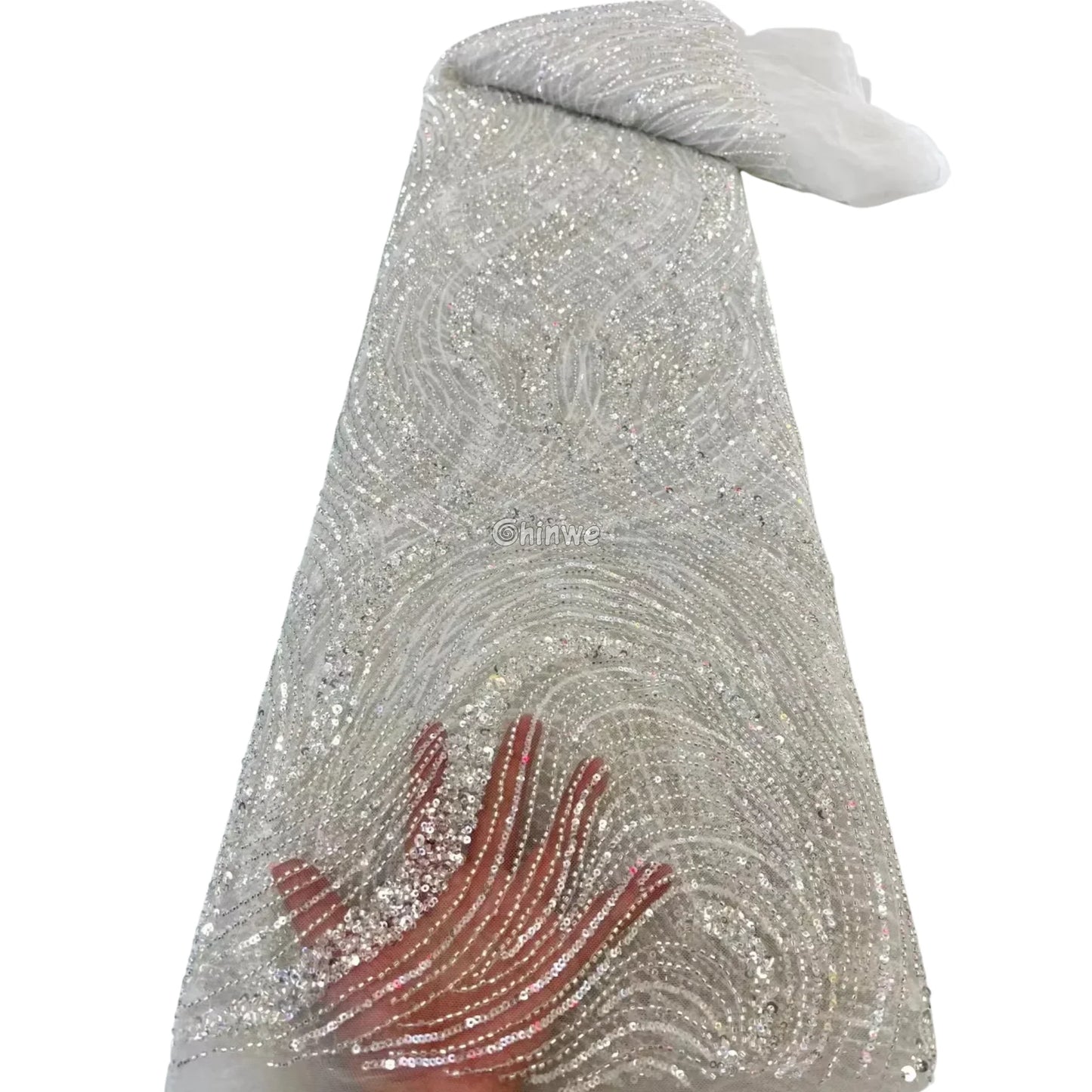 Sequined Swirl Embroidery on Sheer Mesh with Iridescent Highlights and Wave Pattern Detailing Crystal White / 5 Yards