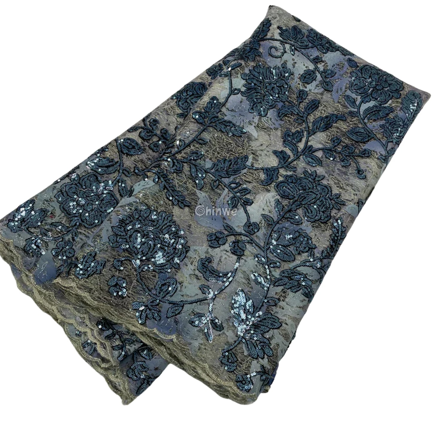 Sequined Floral Vine Embroidered Lace with Sheer Textured Base and Shimmer Finish Slate grey with steel blue sequins