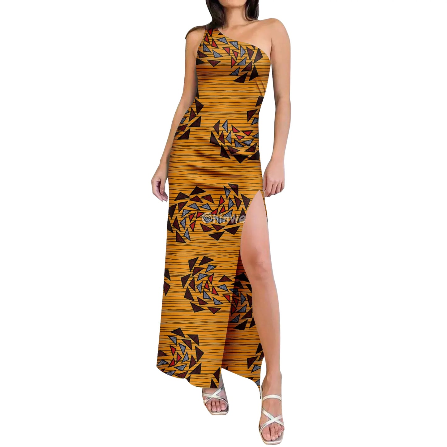 One-Shoulder High-Slit Maxi Dress in Ankara Print with Slim Fit Slash Neckline & Sleeveless Cut Women’s Clothing
