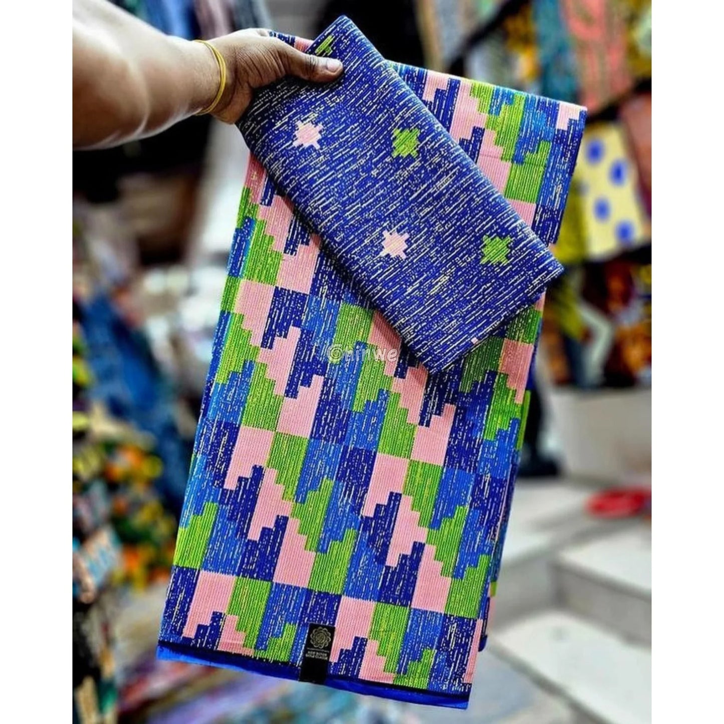 Blue Green & Pink Kente Brocade with Pixel Mosaic Triangles and Gold Metallic Accents Lagoon Mosaic Kente / 6yards
