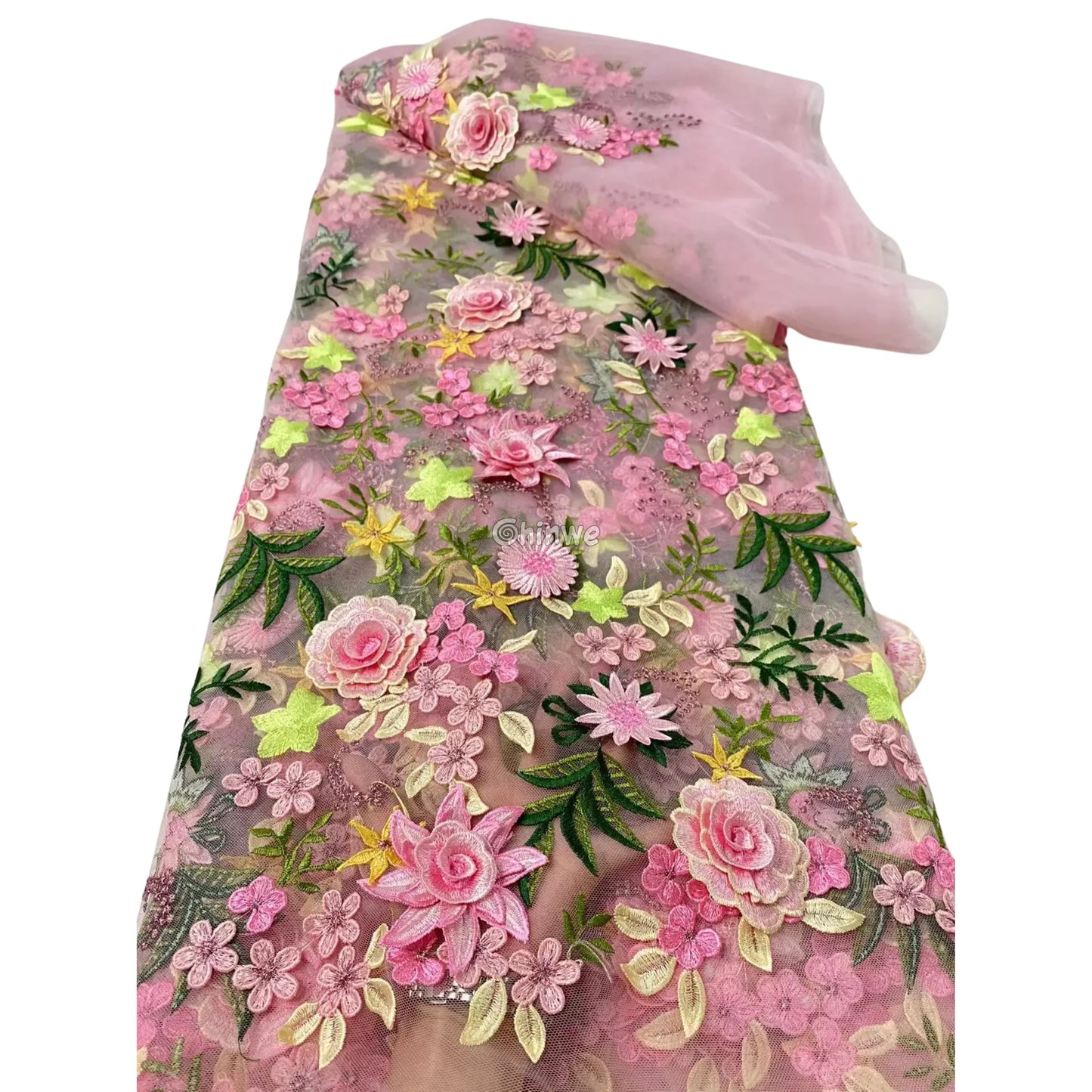 3D Floral Appliqué Lace on Sheer Mesh Raised Embroidered Flowers and Leaves Lace