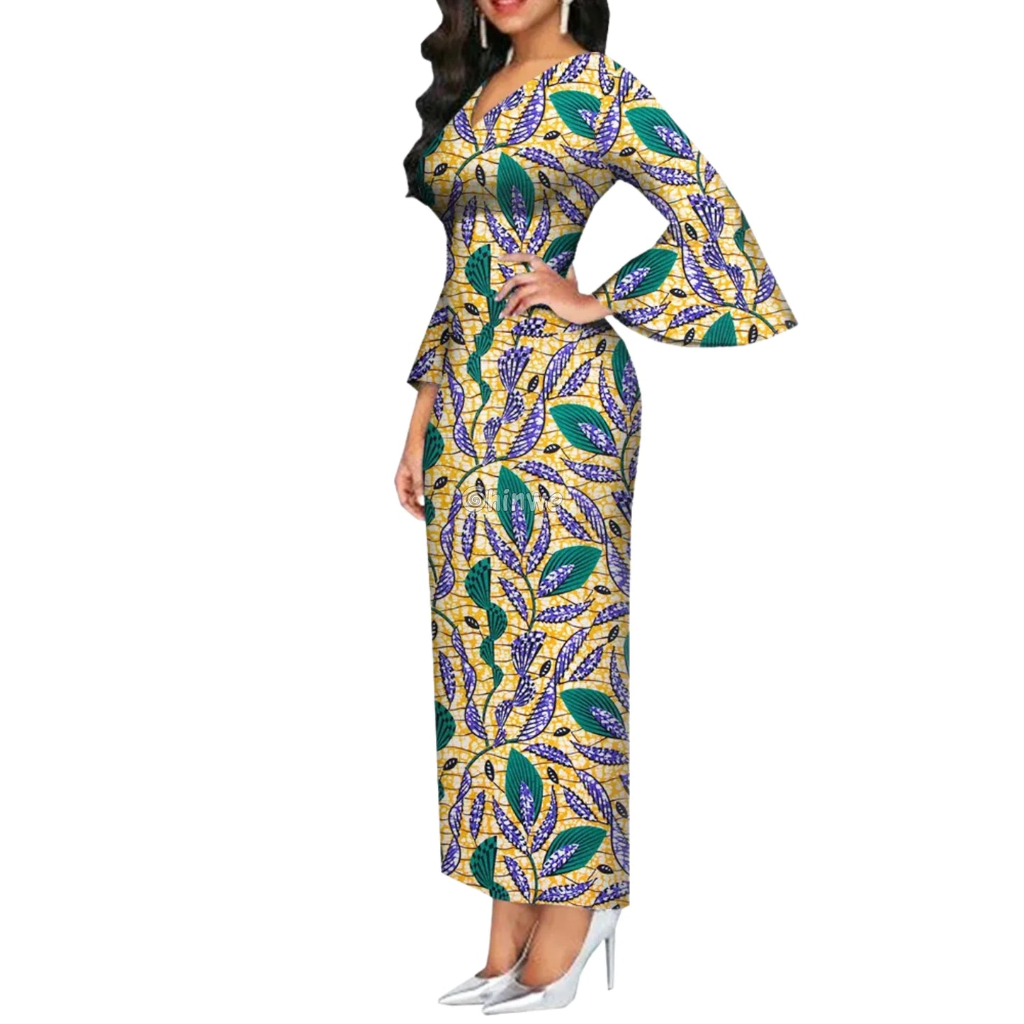Imani One Shoulder Flare Sleeve Ankara Dress In Mystic Roots Green Leaf Gold / Customized Women’s Clothing
