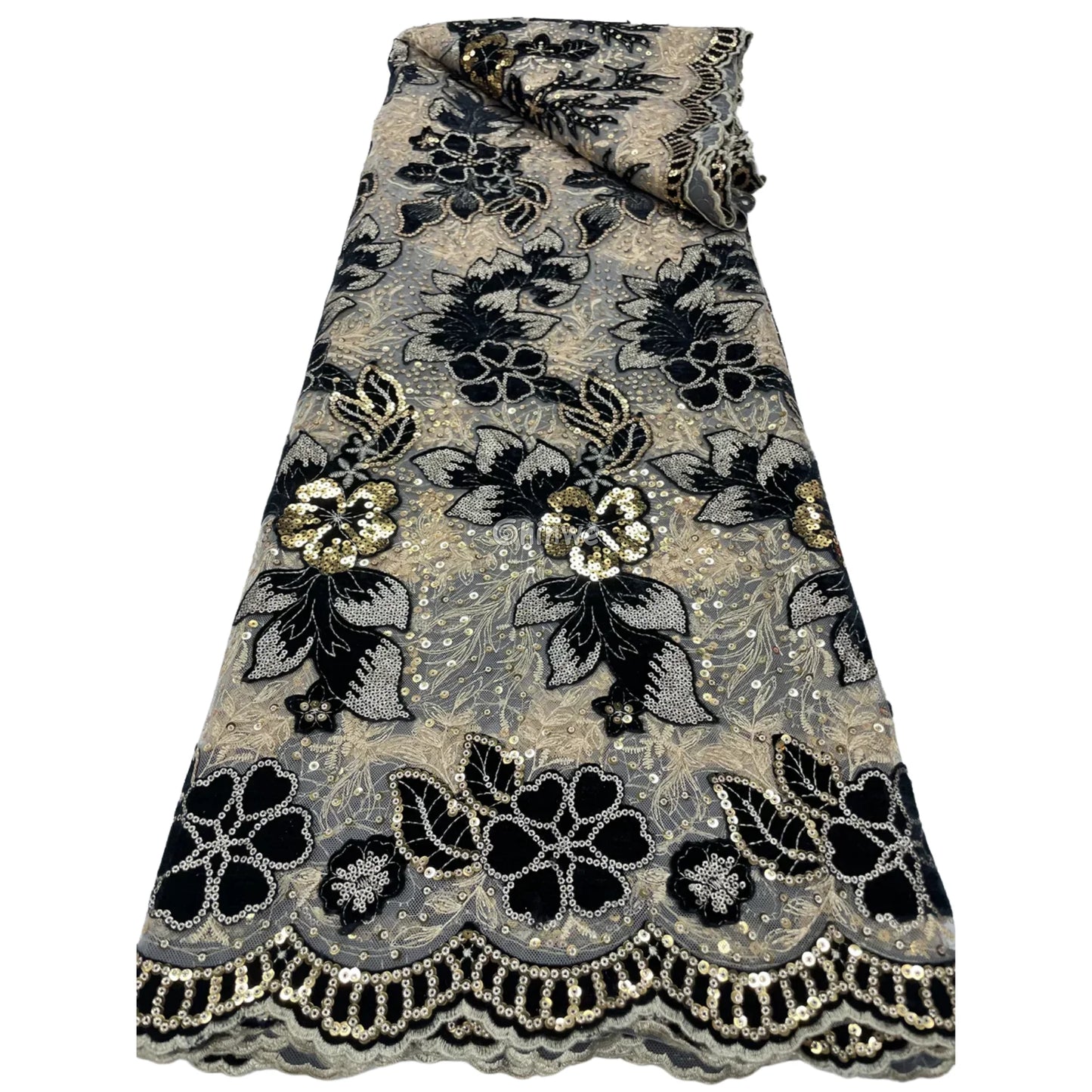 Champagne Mesh Floral Velvet Appliqué Sequined Lace Fabric with Scalloped Floral Edge Jet Black & Gold Velvet Floral