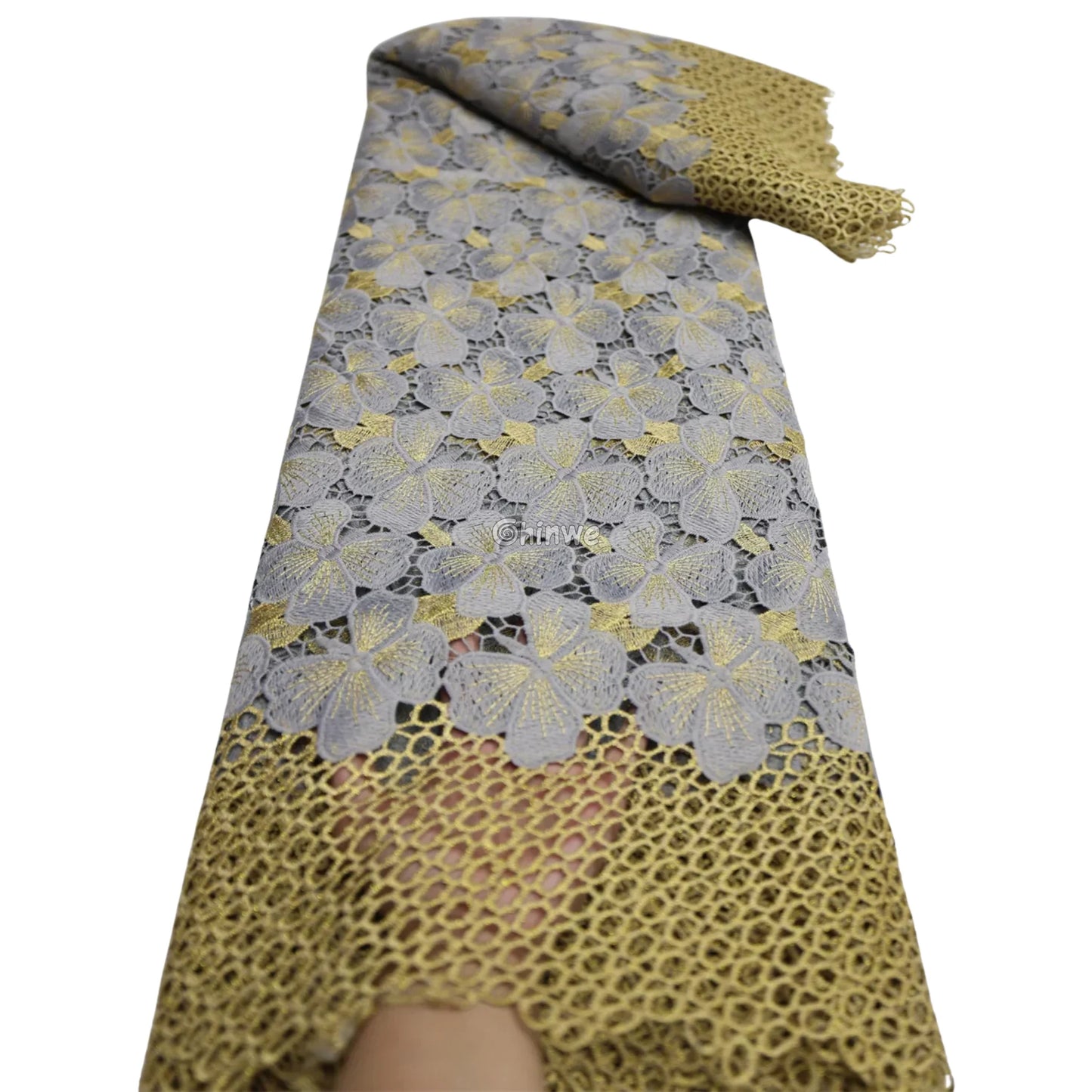 Multicolor & Metallic Corded Guipure Lace Fabric Featuring Embroidered Blossom Motifs & Sequin Accents Silver Grey &
