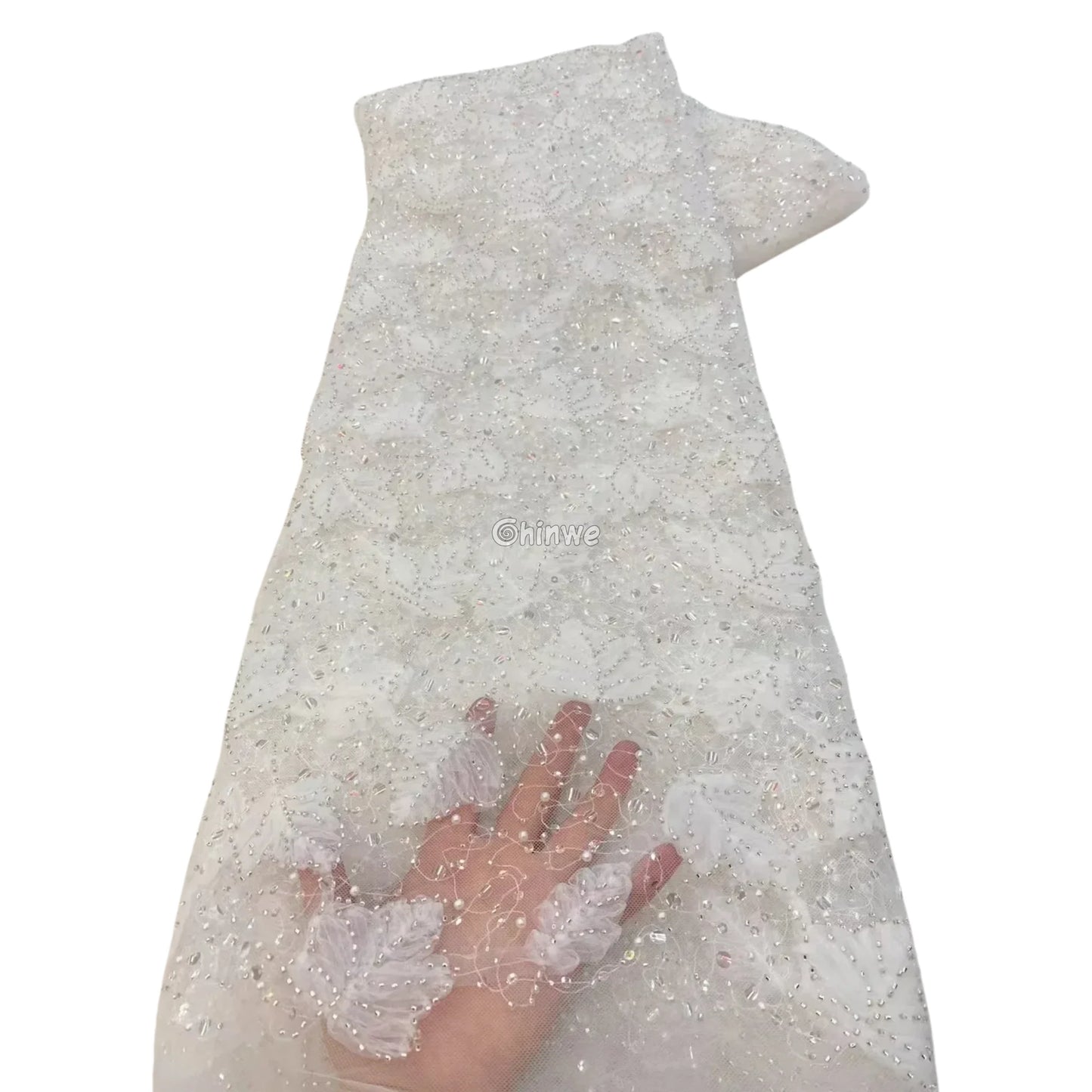 Beaded 3D Leaf Lace with Iridescent Accents on Soft Mesh for Luxury Garment Crafting Lace