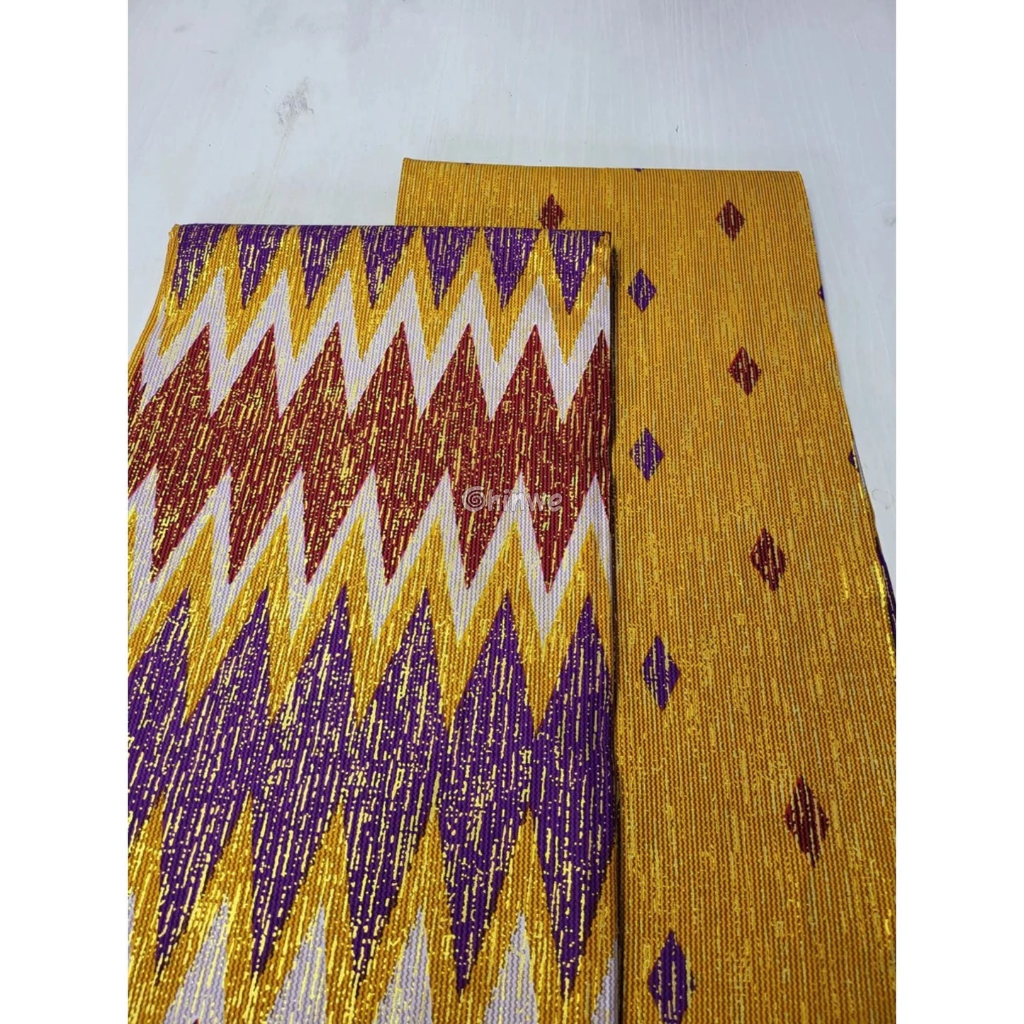 Sunfire Zigzag Kente Brocade Fabric in Yellow Purple & Red with Gold Metallic Threading Sunfire Zigzag Kente / 6yards