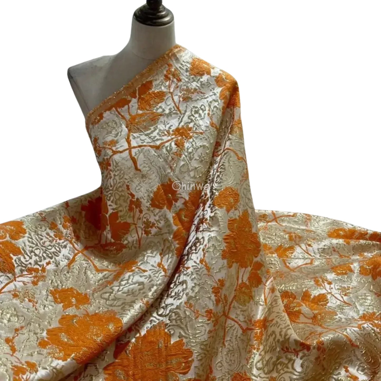 Pumpkin & Glacial Silver Floral Jacquard Brocade with Raised Metallic Threads for Luxe Evening Wear