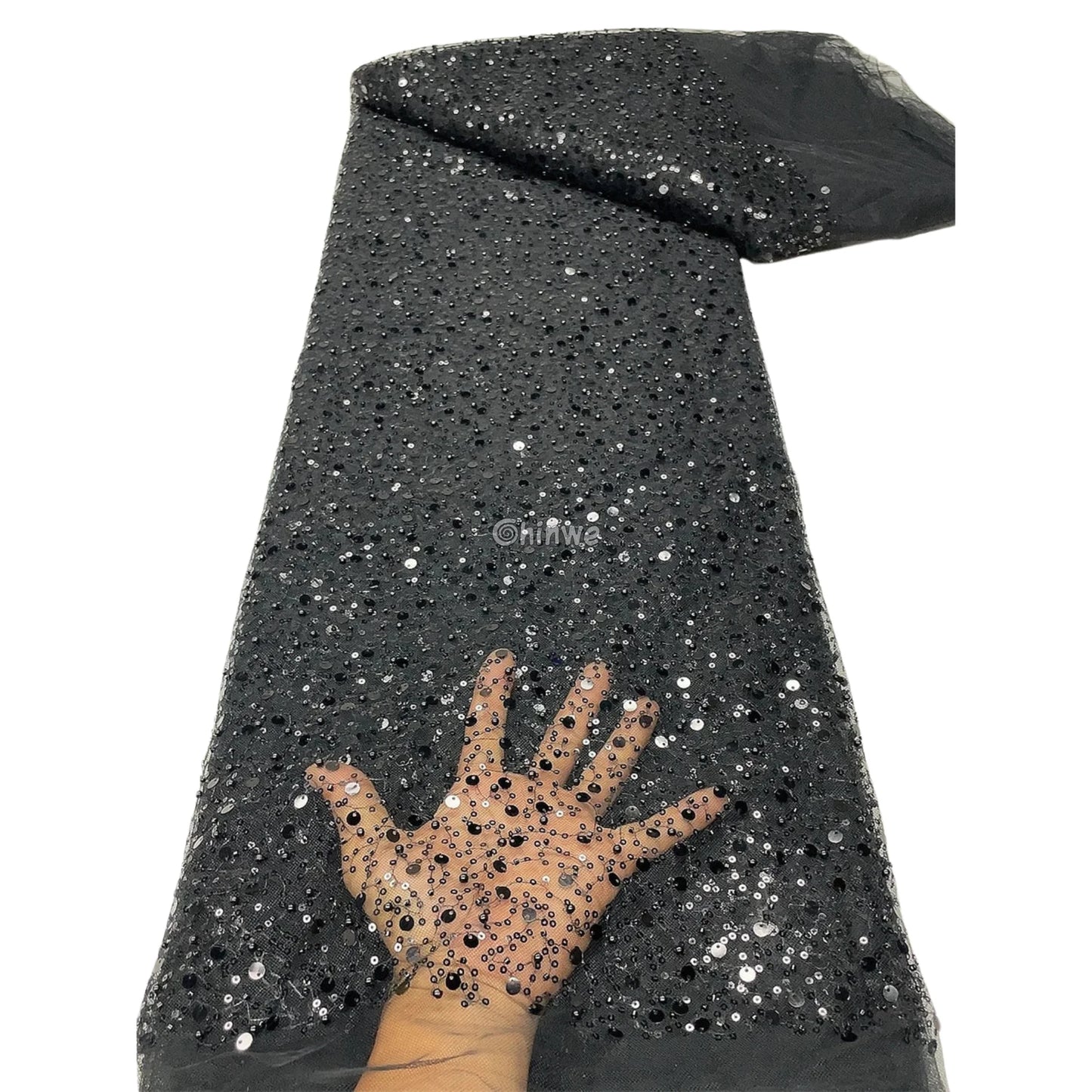 Sequined French Tulle Mesh with Scattered Sequins in Sheer Sparkle Finish for Couture Embellishments Charcoal Black