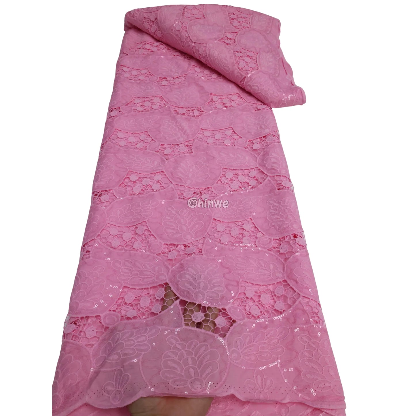 Sequin-Embellished Geometric Circle Appliqué Embroidered Lace with Scalloped Edge & Sheer Mesh Candy Floss Pink / 5