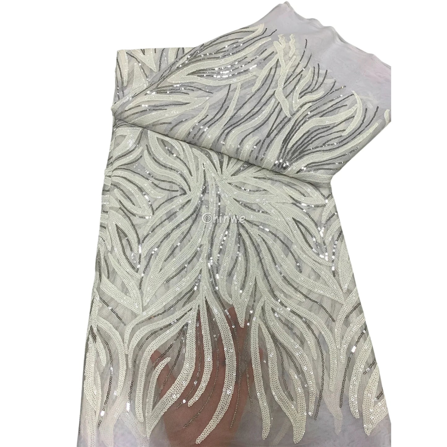 Sequin Embroidered Mesh Lace Fabric with Flowing Flame Motif and Sheer Illusion Base Pearl Silver / 5yard Lace