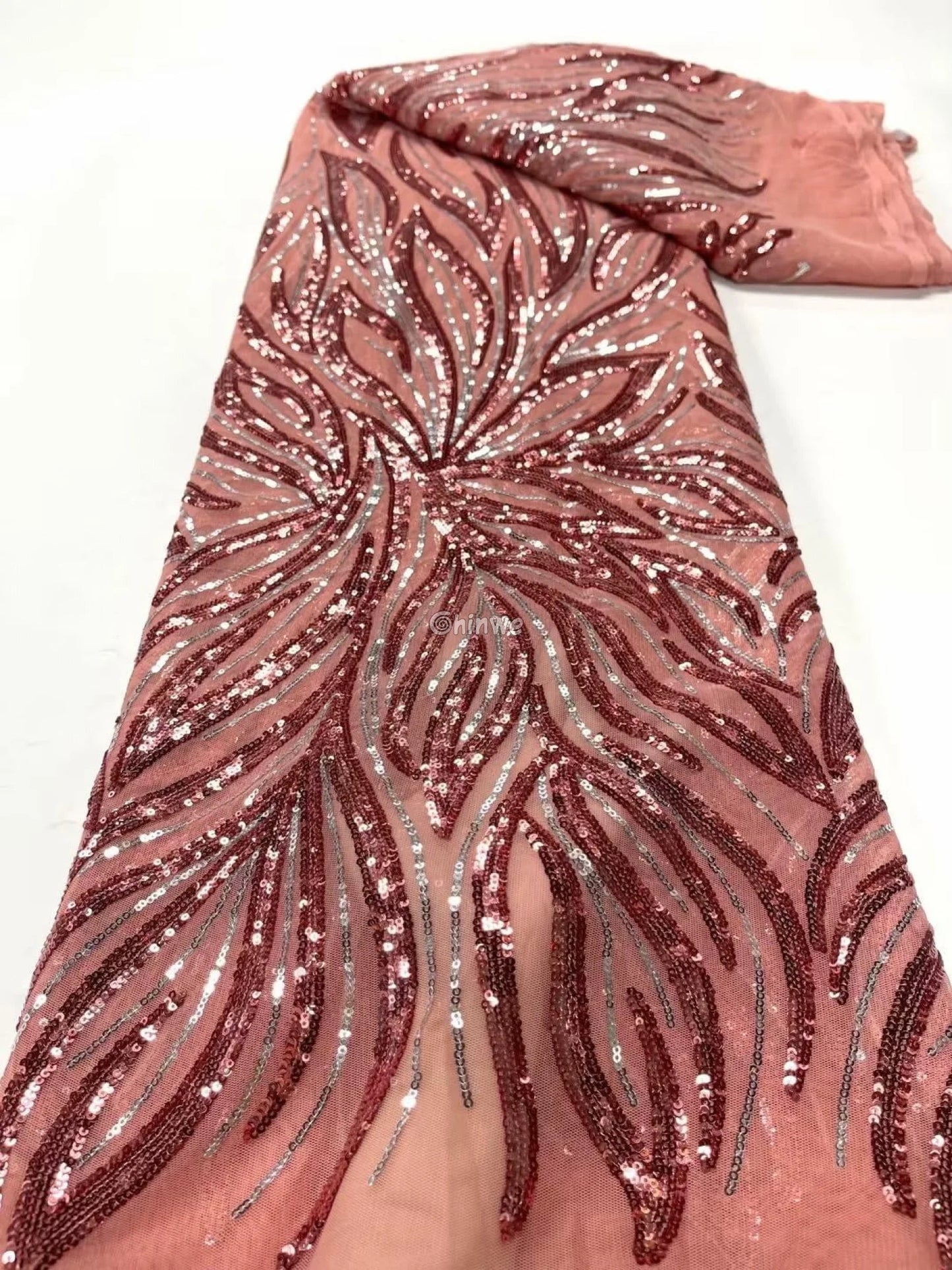 Sequin Embroidered Mesh Lace Fabric with Flowing Flame Motif and Sheer Illusion Base Lace