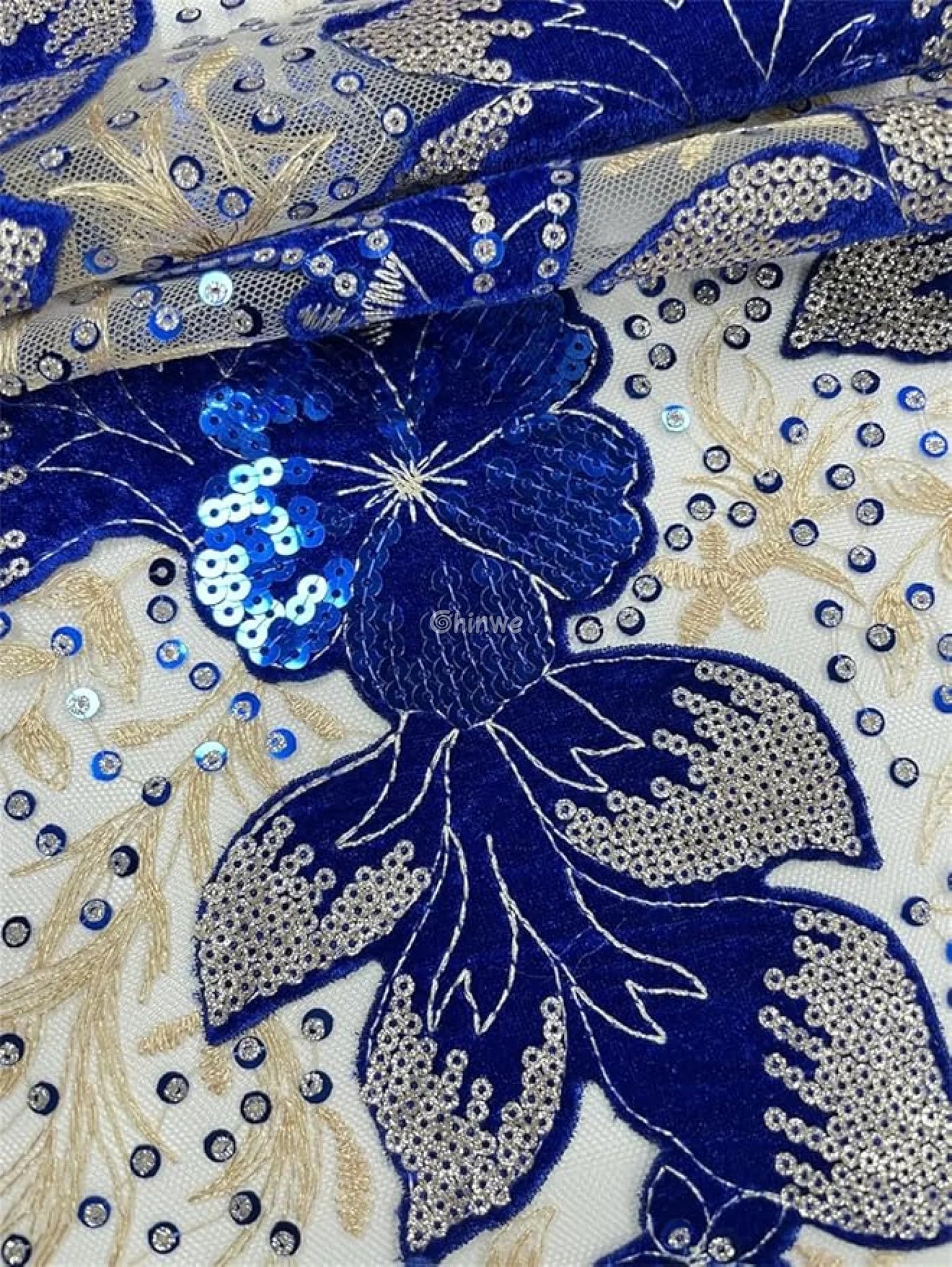 Velvet Lace with Floral Embroidery Sequin Highlights & Scalloped Edge on Sheer Mesh Base Lace