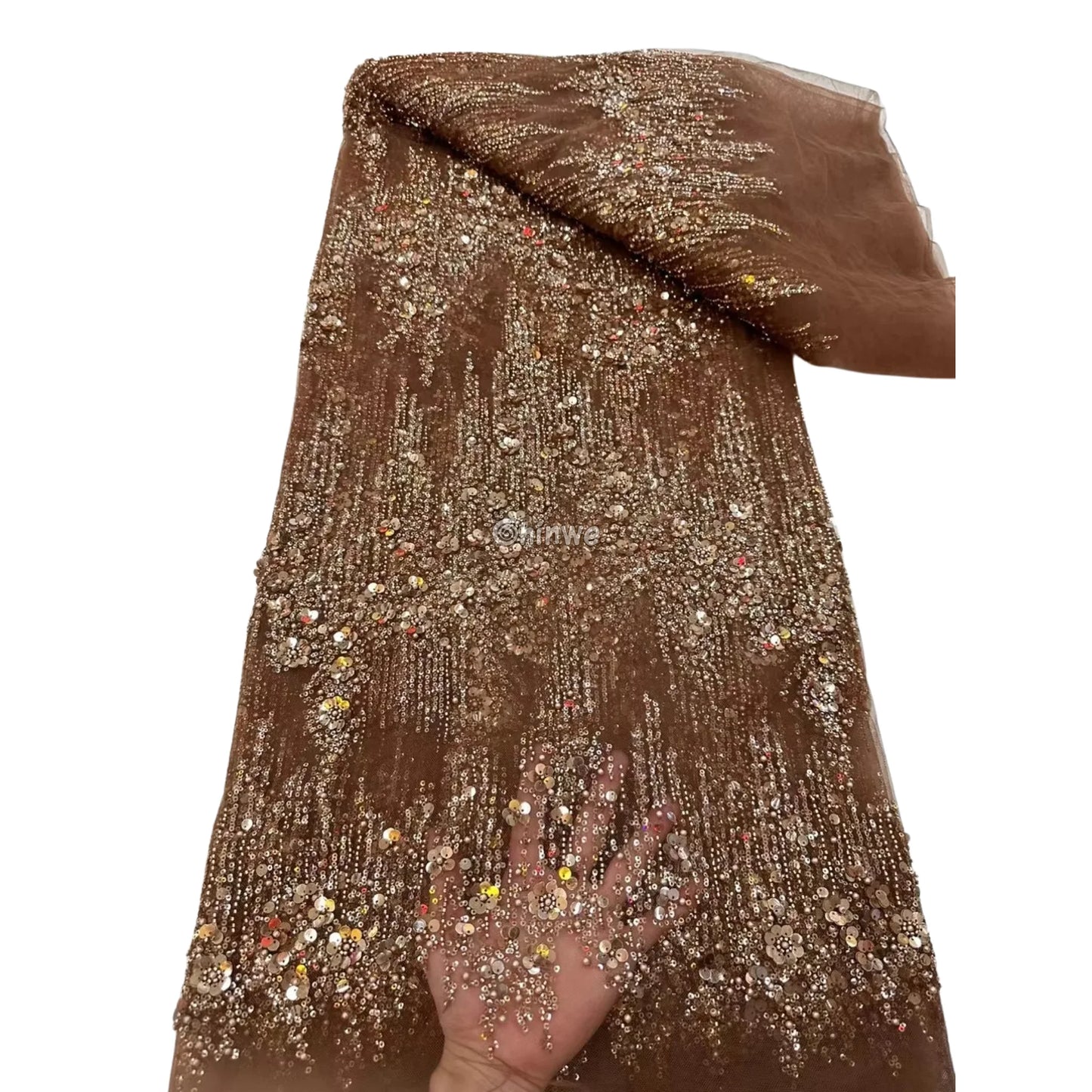 Sequin Beaded Tulle Mesh Fabric with Dripping Floral Shimmer & Textured Wave Pattern Mocha Brown Sequin / 5 Yards
