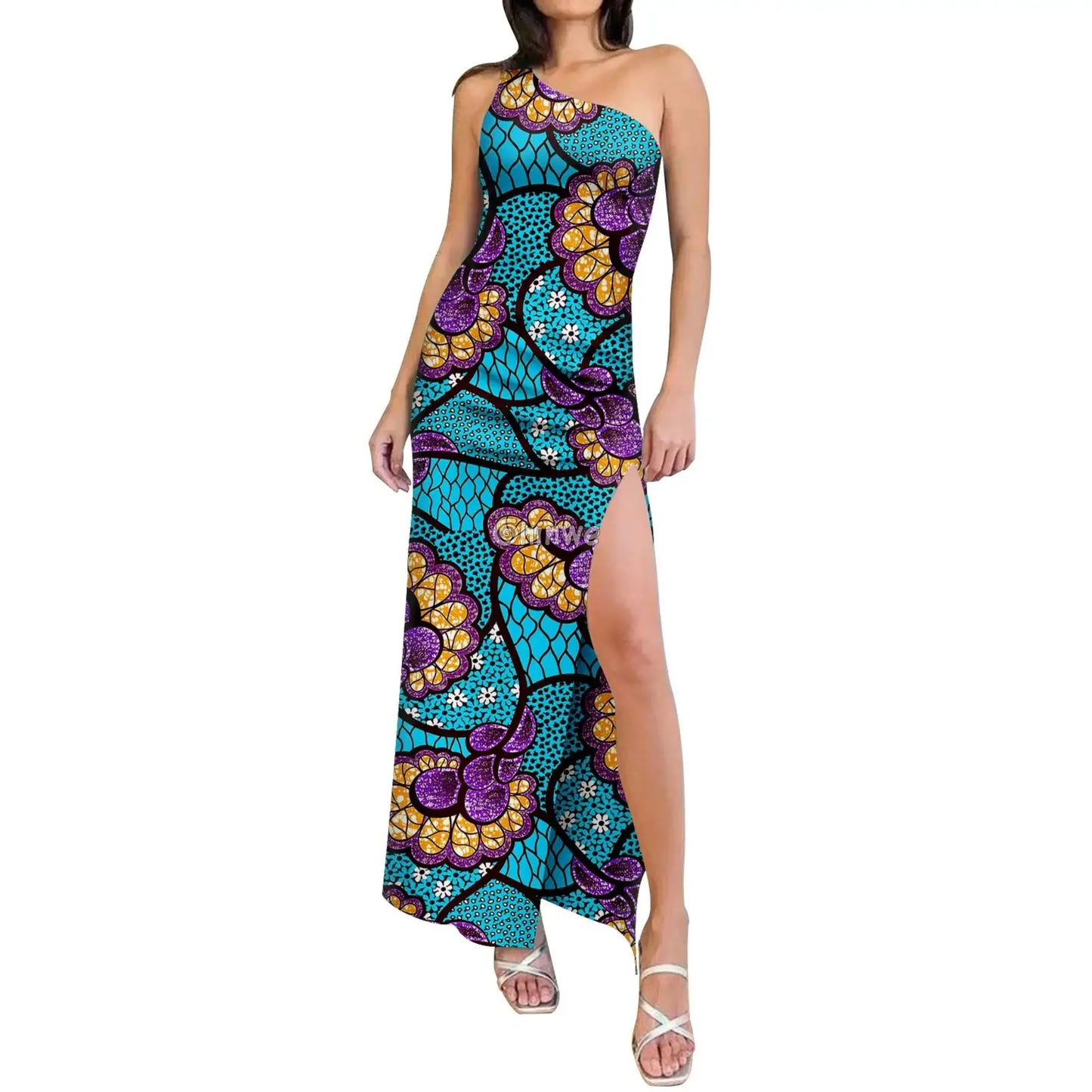 One-Shoulder High-Slit Maxi Dress in Ankara Print with Slim Fit Slash Neckline & Sleeveless Cut Women’s Clothing