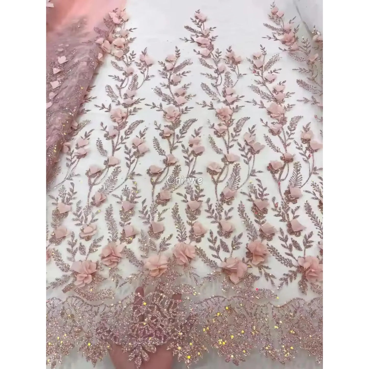 3D Appliqué Petal Lace with Sequined Vine Embroidery – Luxury Wedding & Party Fabric Lace