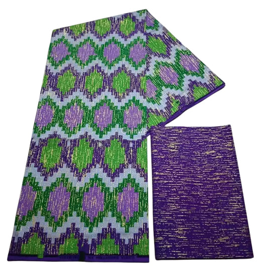 Purple Green & Lilac Kente Brocade with Diamond Lattice Motif and Metallic Gold Accents Regal Vine Kente / 6yards