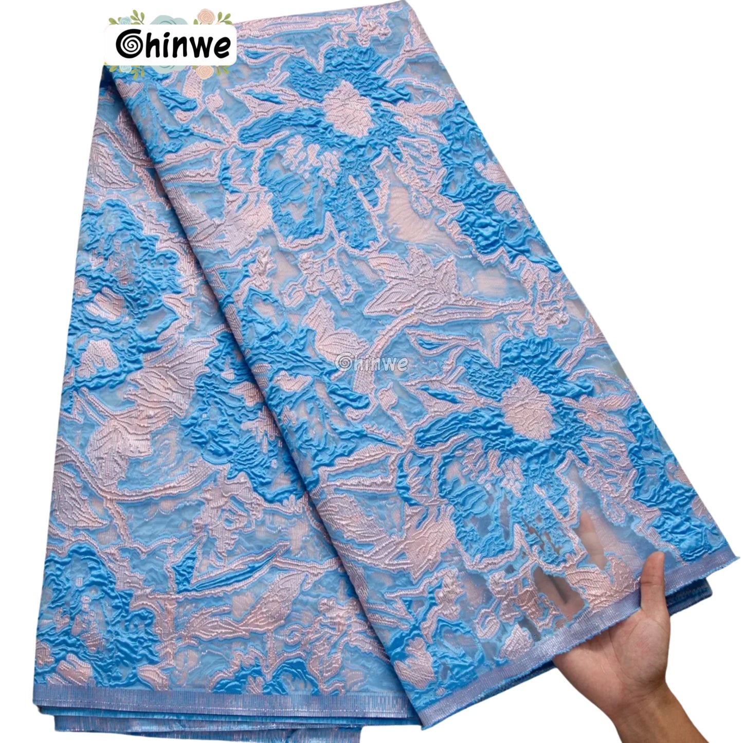 Textured Damask & Brocade Lace Fabric with Raised Floral Motif and Metallic Sheen Gradient