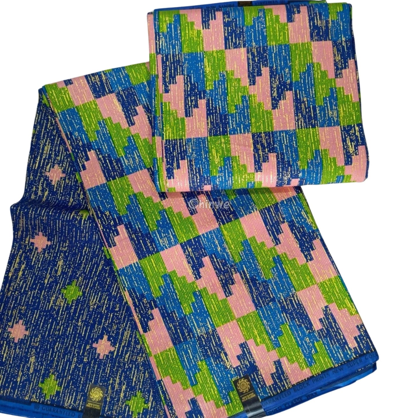 Blue Green & Pink Kente Brocade with Pixel Mosaic Triangles and Gold Metallic Accents Lagoon Mosaic Kente / 6yards