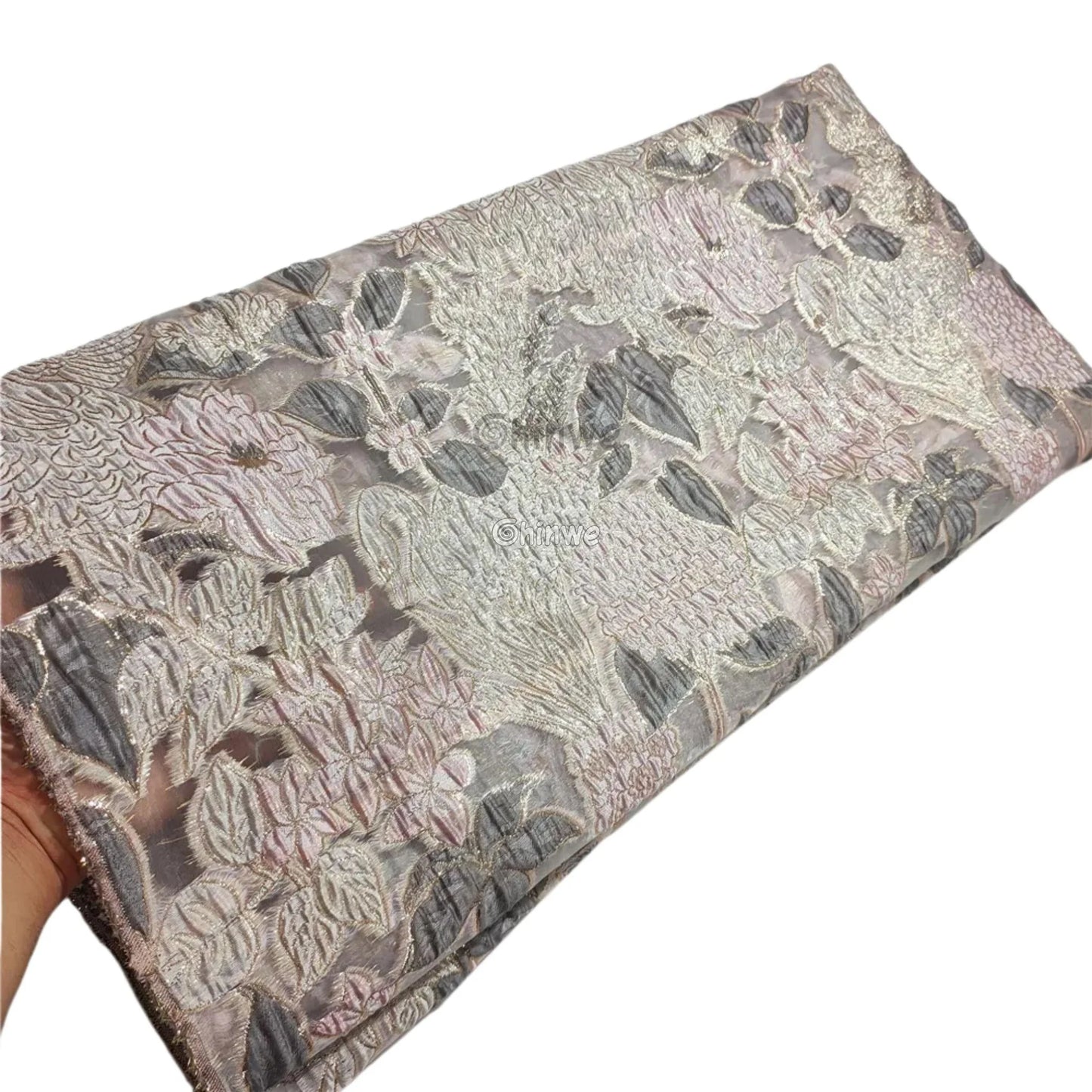 Jacquard Brocade Embroidered Floral Lace Fabric with Metallic Sheen on Sheer Mesh Base