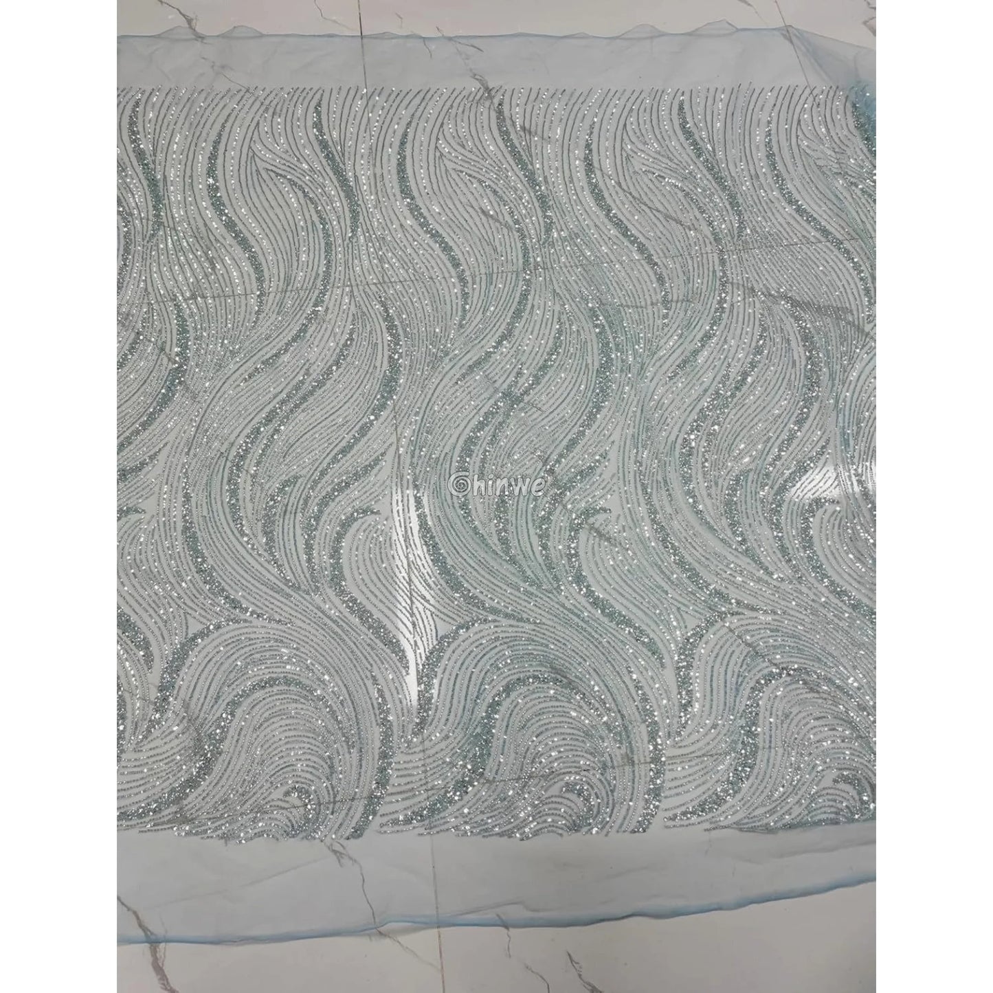 Sequined Swirl Embroidery on Sheer Mesh with Iridescent Highlights and Wave Pattern Detailing Lace