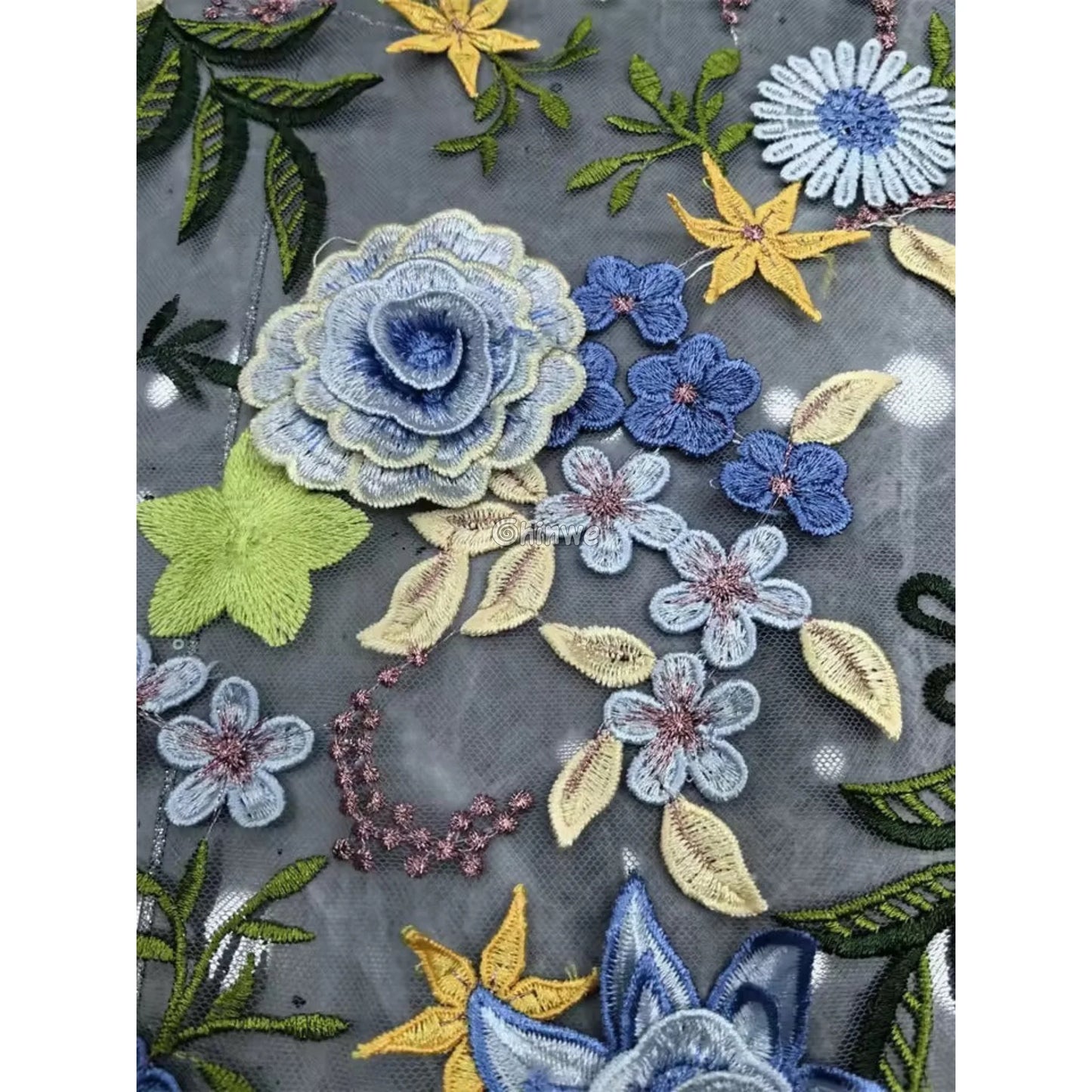 3D Floral Appliqué Lace on Sheer Mesh Raised Embroidered Flowers and Leaves Lace