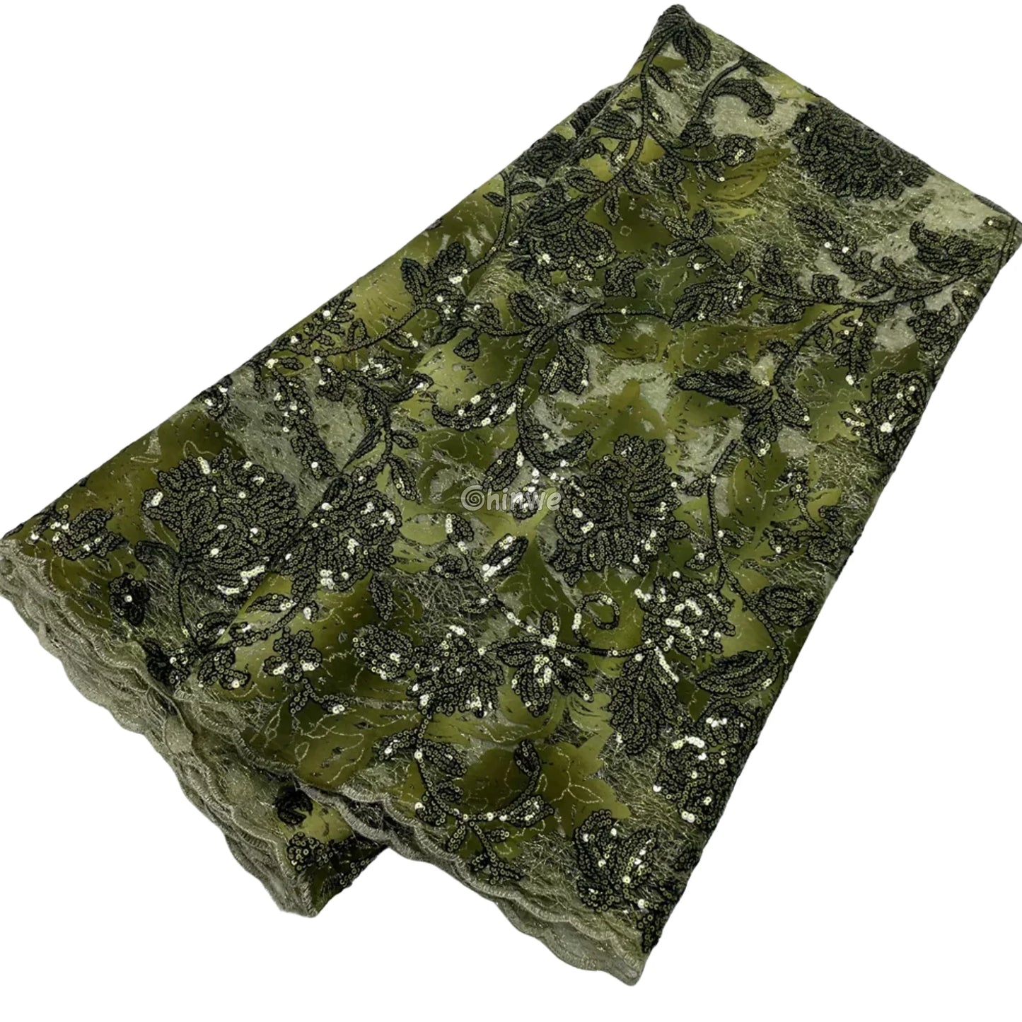 Sequined Floral Vine Embroidered Lace with Sheer Textured Base and Shimmer Finish Chartreuse green with black sequins