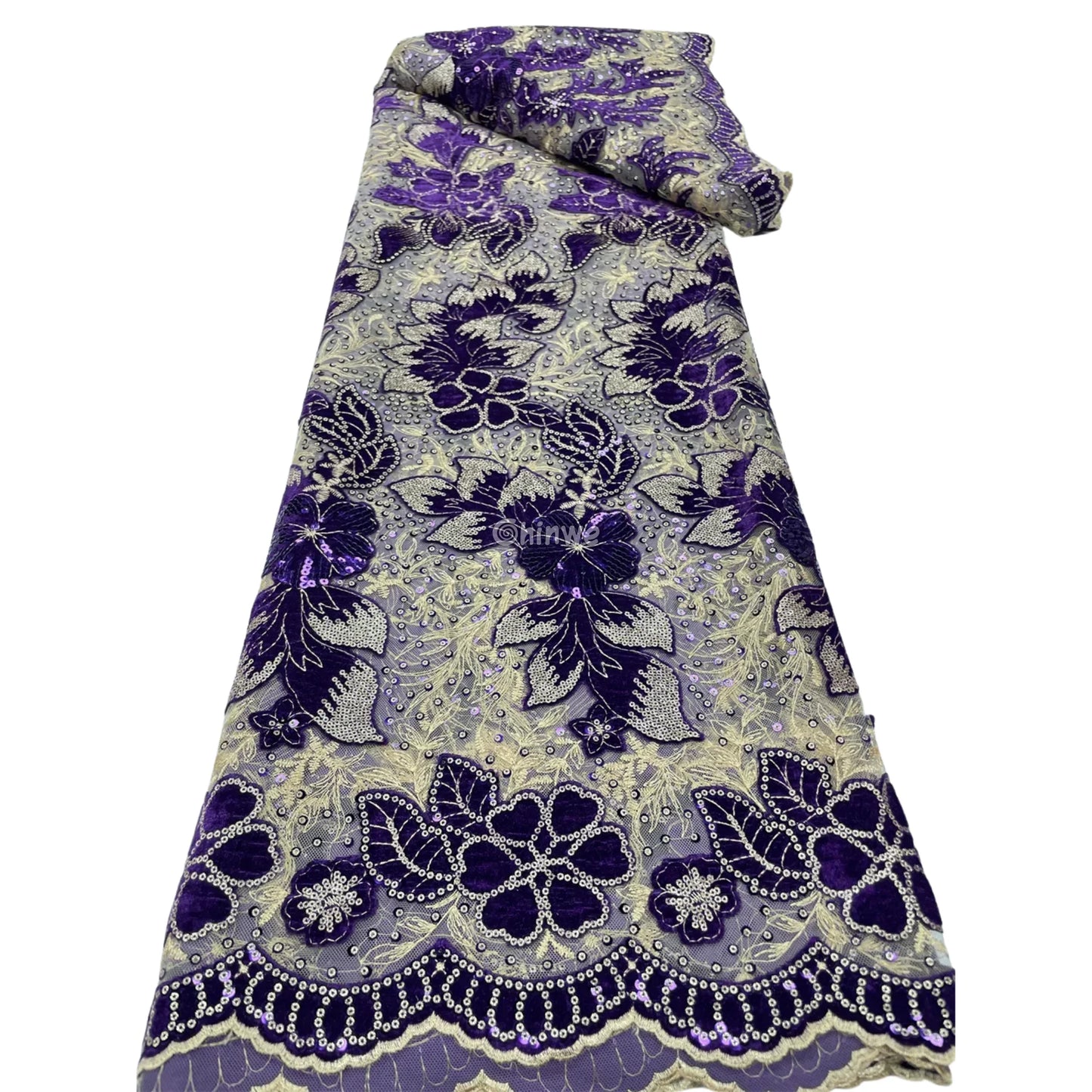 Champagne Mesh Floral Velvet Appliqué Sequined Lace Fabric with Scalloped Floral Edge