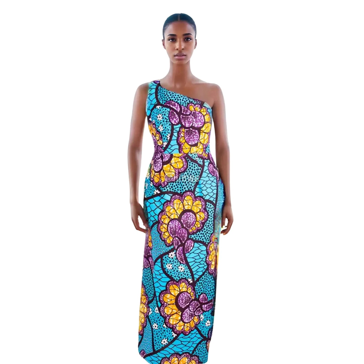One-Shoulder High-Slit Maxi Dress in Ankara Print with Slim Fit Slash Neckline & Sleeveless Cut Women’s Clothing