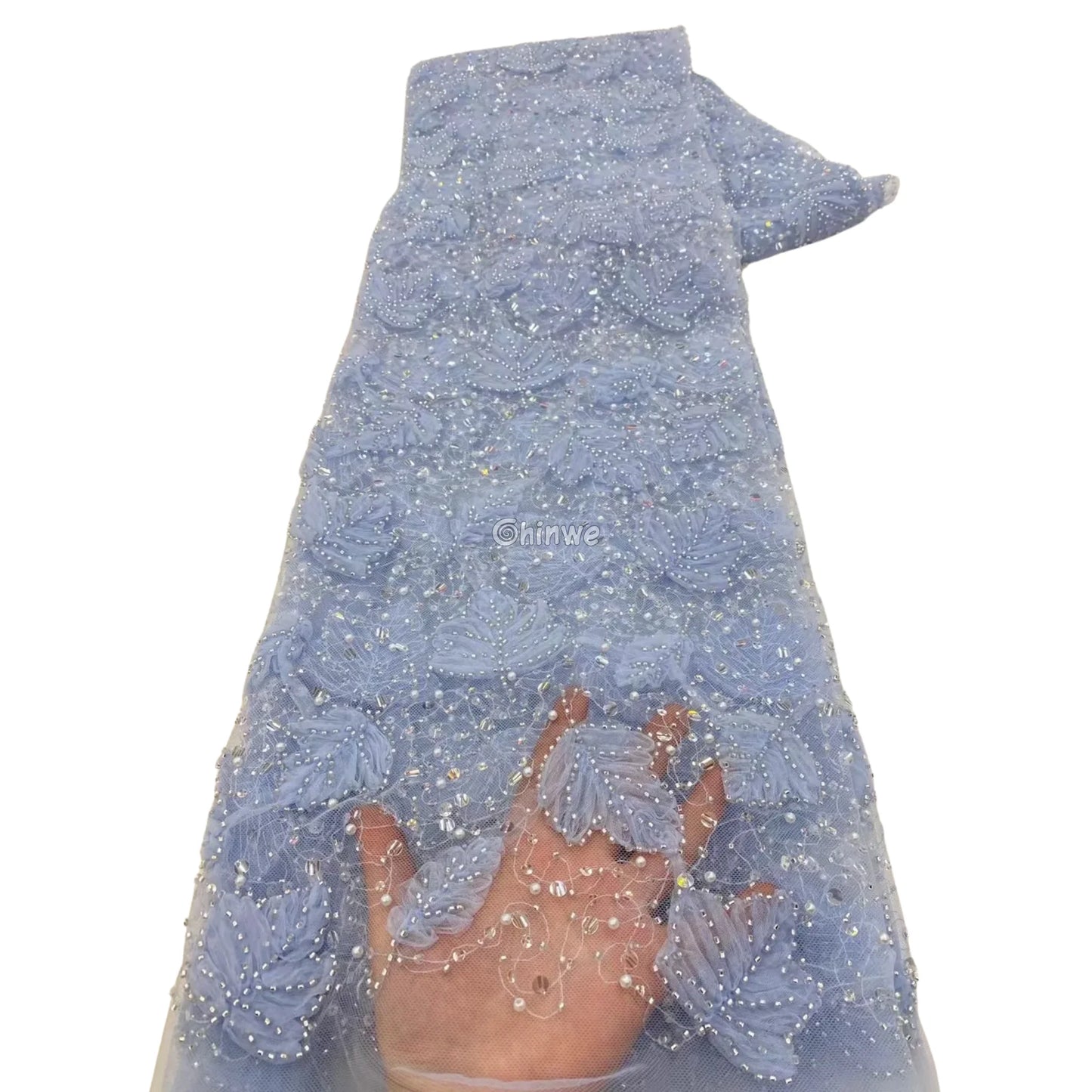 Beaded 3D Leaf Lace with Iridescent Accents on Soft Mesh for Luxury Garment Crafting Lace